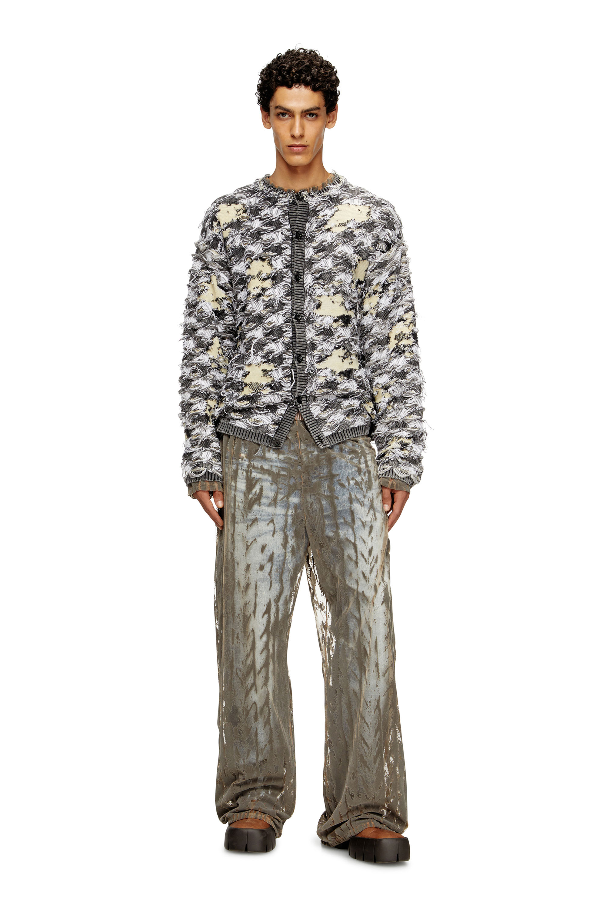 Diesel - K-VALBOR, Herren Strickjacke aus Dévoré-Hahnentritt-Jacquard in Grau/Weiss - 2