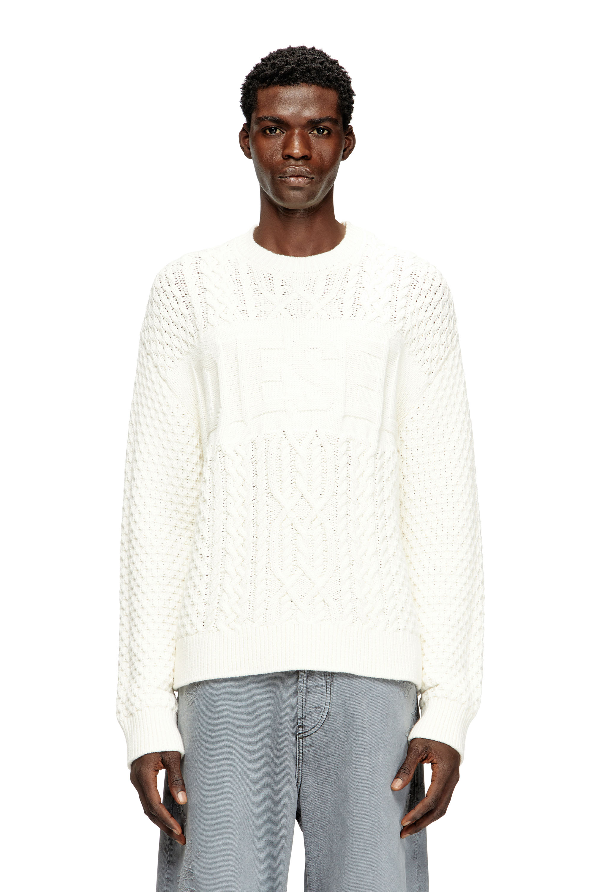 Diesel - K-AUBIN, Herren Cable-knit jumper with Diesel logo in Weiß - 1