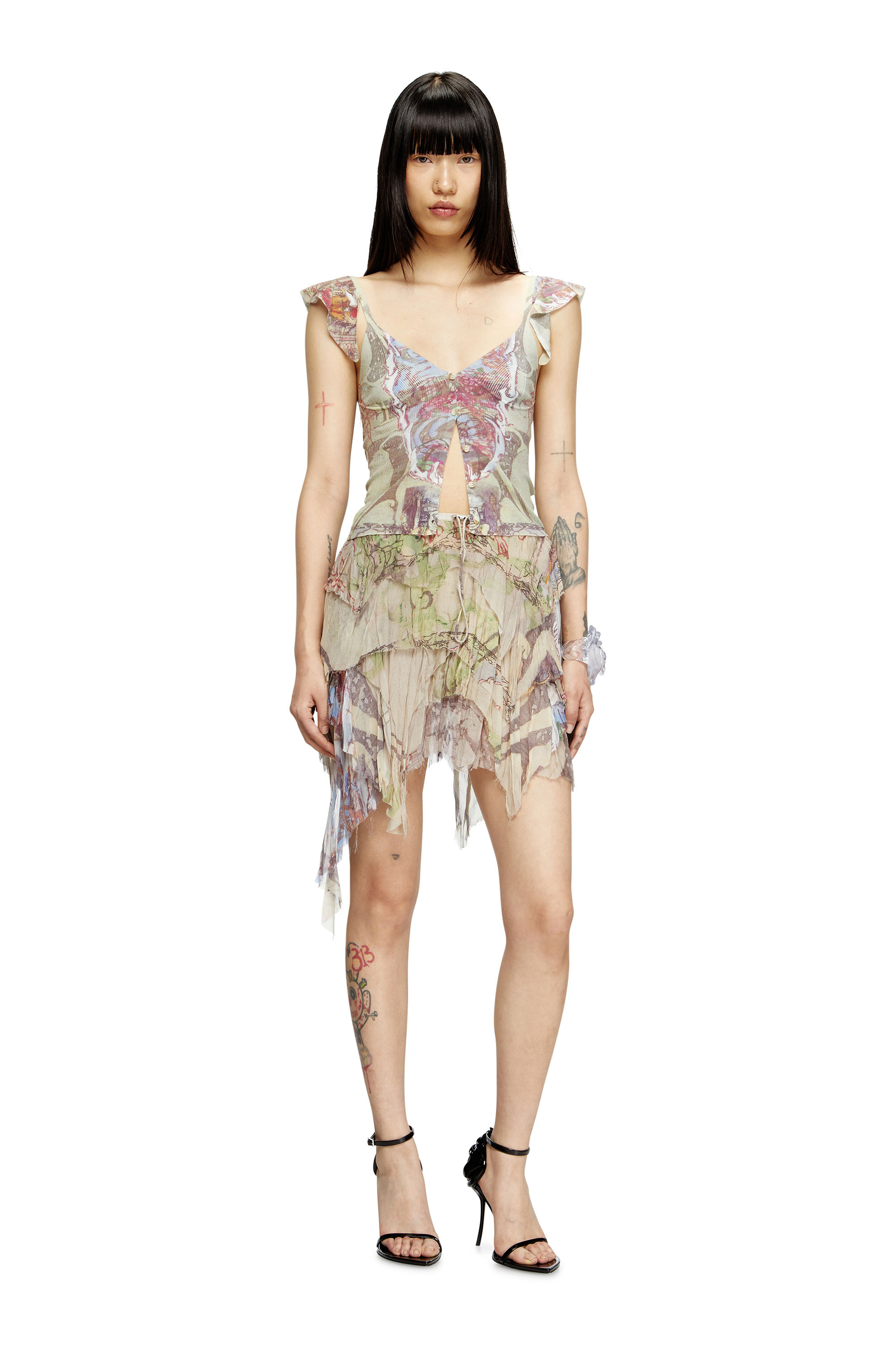 M-FIORE, Beige Diesel - M-FIORE, Damen Stricktop mit gerüschten Schultern und mittelalterlichem Print in Beige - 1