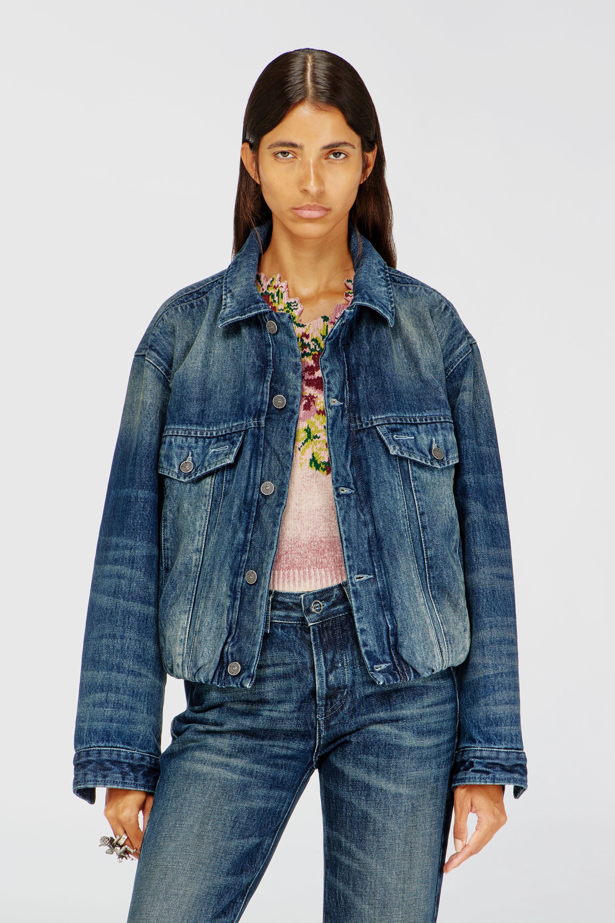 Diesel - DE-MORVI-FSJ, Damen Elastische Truckerjacke aus Denim in Dunkelblau - 1