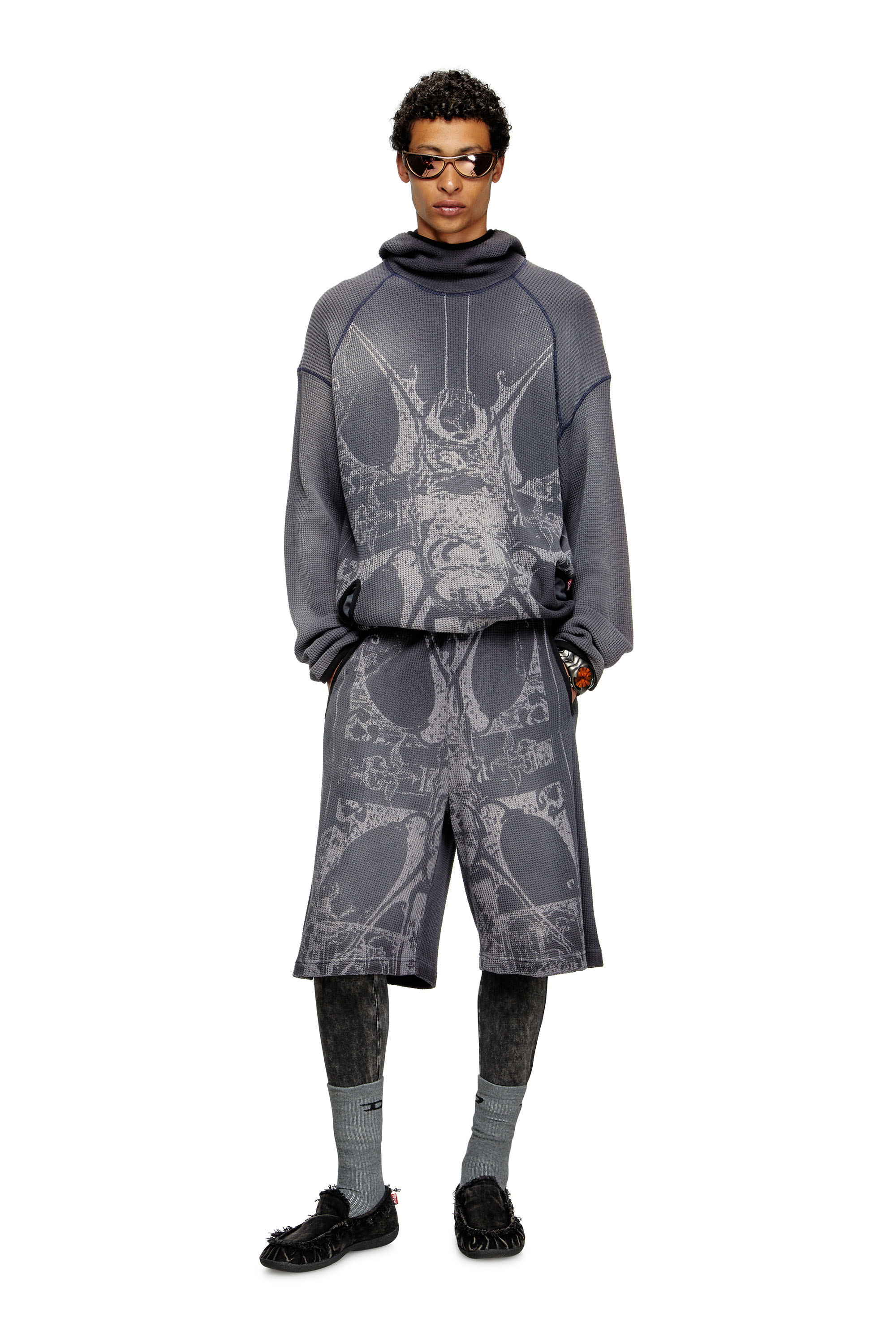 Diesel - P-WARKY-SHORT, Herren Waffel-Shorts mit mittelalterlichem Print in Schwarz - 2