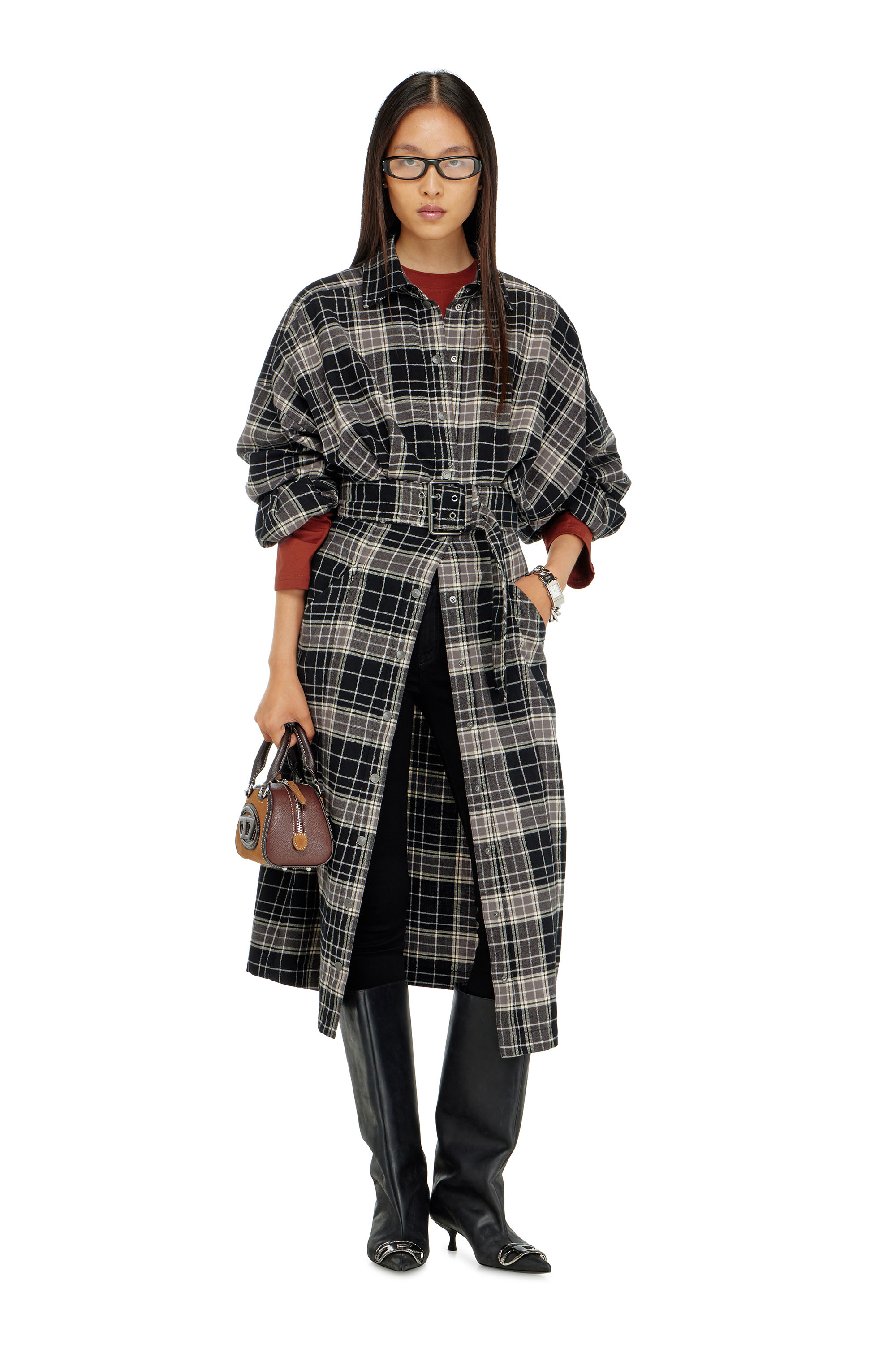 Diesel - D-EDALUS, Damen Midikleid aus kariertem Flanell mit breitem G&uuml;rtel in Grau/Schwarz - 1