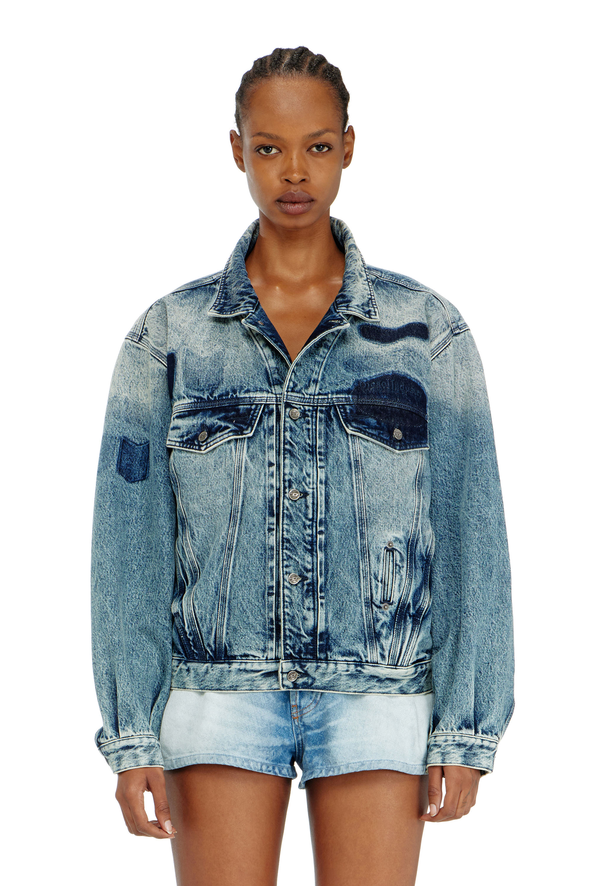 Diesel - D-DENVER-S2, Unisex Trucker-Jacke mit Patch-Effekten in Mittelblau - 6