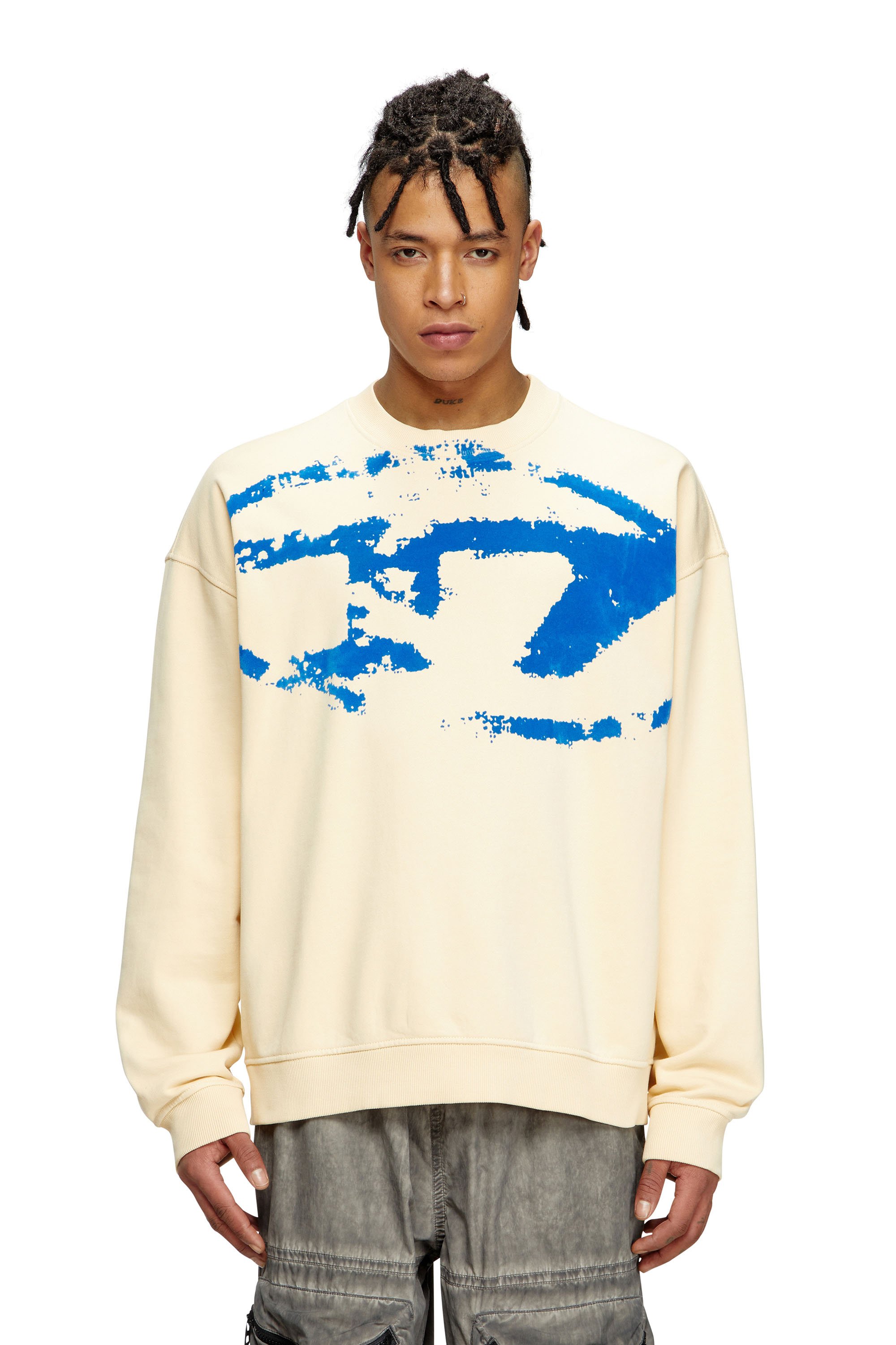 Diesel - S-BOXT-N5, Herren Sweatshirt mit beflocktem Distressed-Logo in Beige/Blau - 1