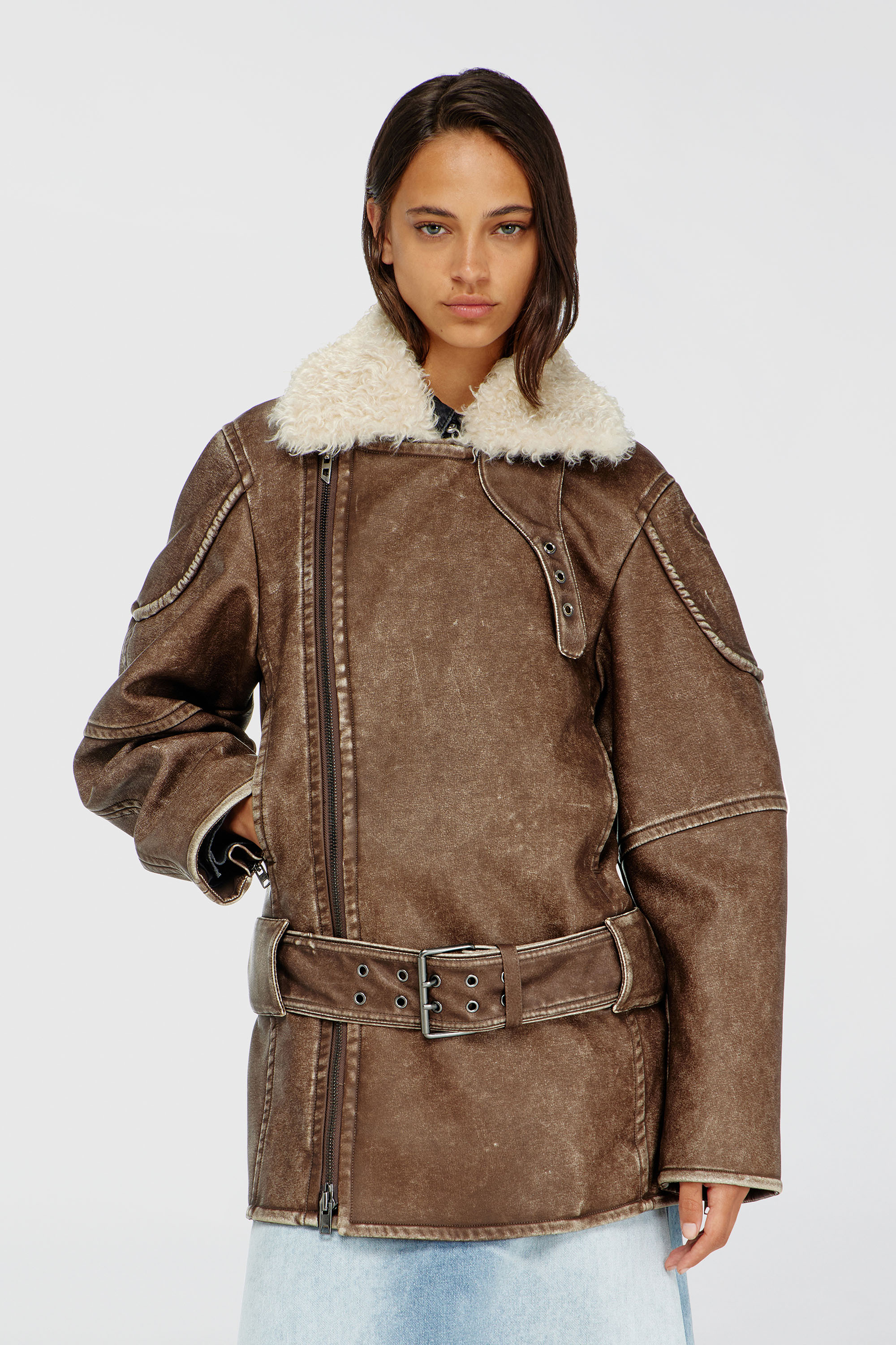 Diesel - G-EYSER, Damen Doppelreihiger Aviator-Biker-Mantel in Braun - 1