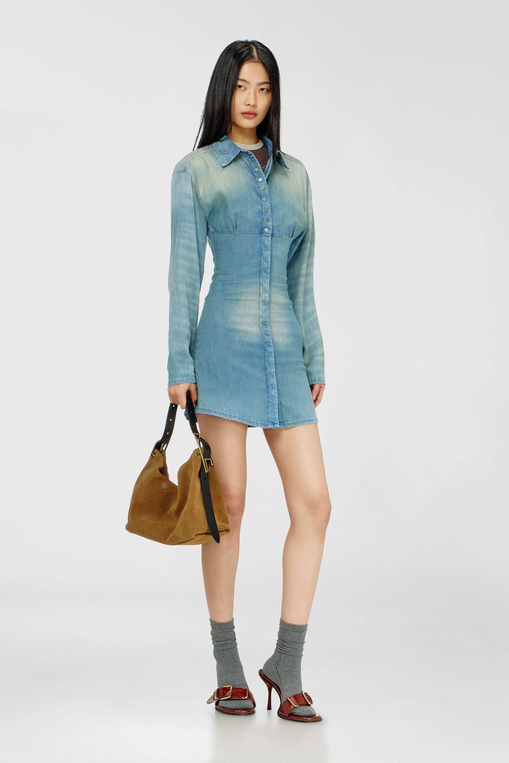 Diesel - DE-VIOLIM-S, Damen Denim-Minihemdkleid mit segmentiertem Design in Hellblau - 1
