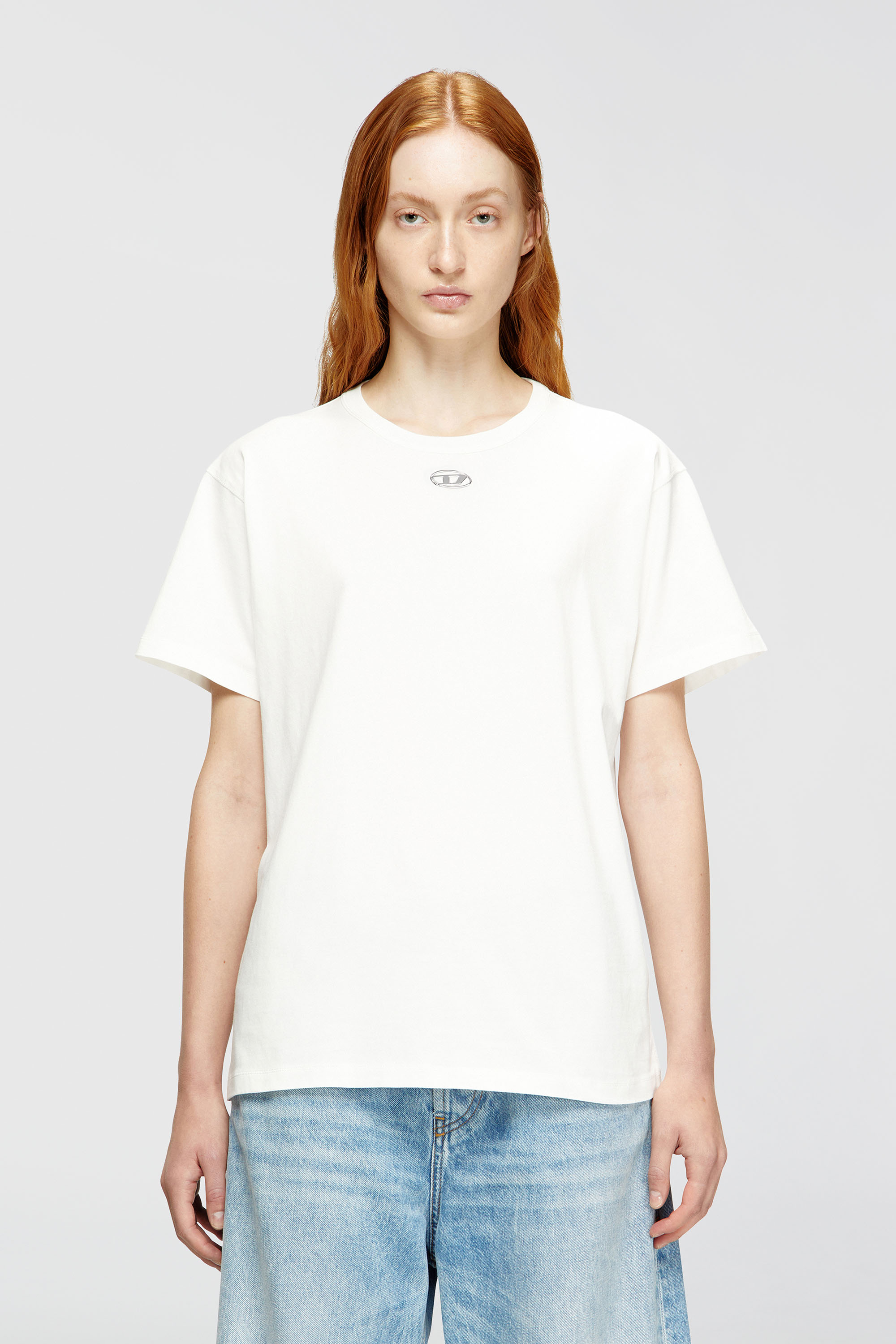 Diesel - T-NORMY-OD-S1, Damen Baumwoll-T-Shirt mit metallischem Oval D in Wei&szlig; - 1