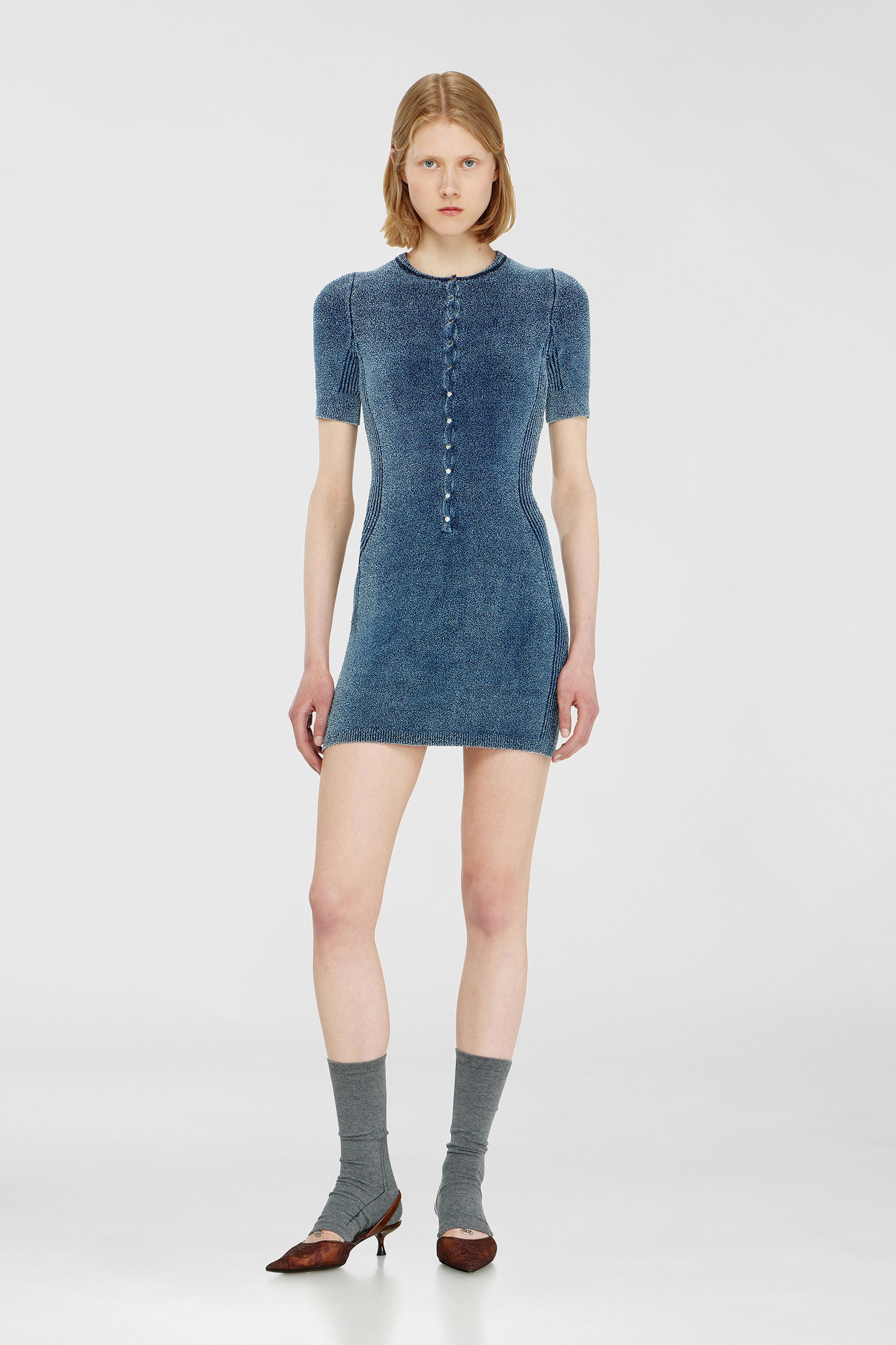 Diesel - M-ESTEE DRESS, Damen Kurzes Kleid aus indigo boucl&eacute;-strick in Mittelblau - 1