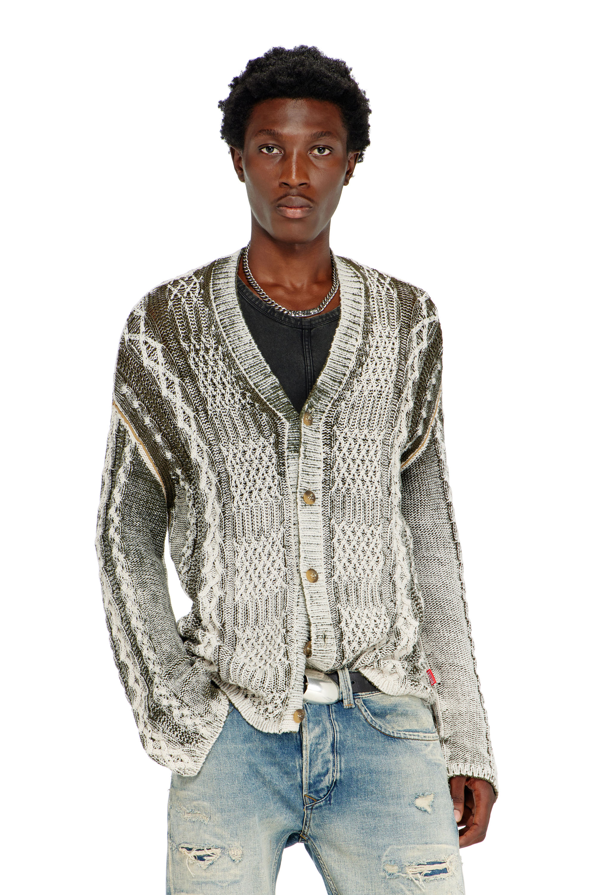 Diesel - K-MIOTO, Herren Behandelter Cardigan aus Zopfmusterstrick in Weiss/Grau - 3