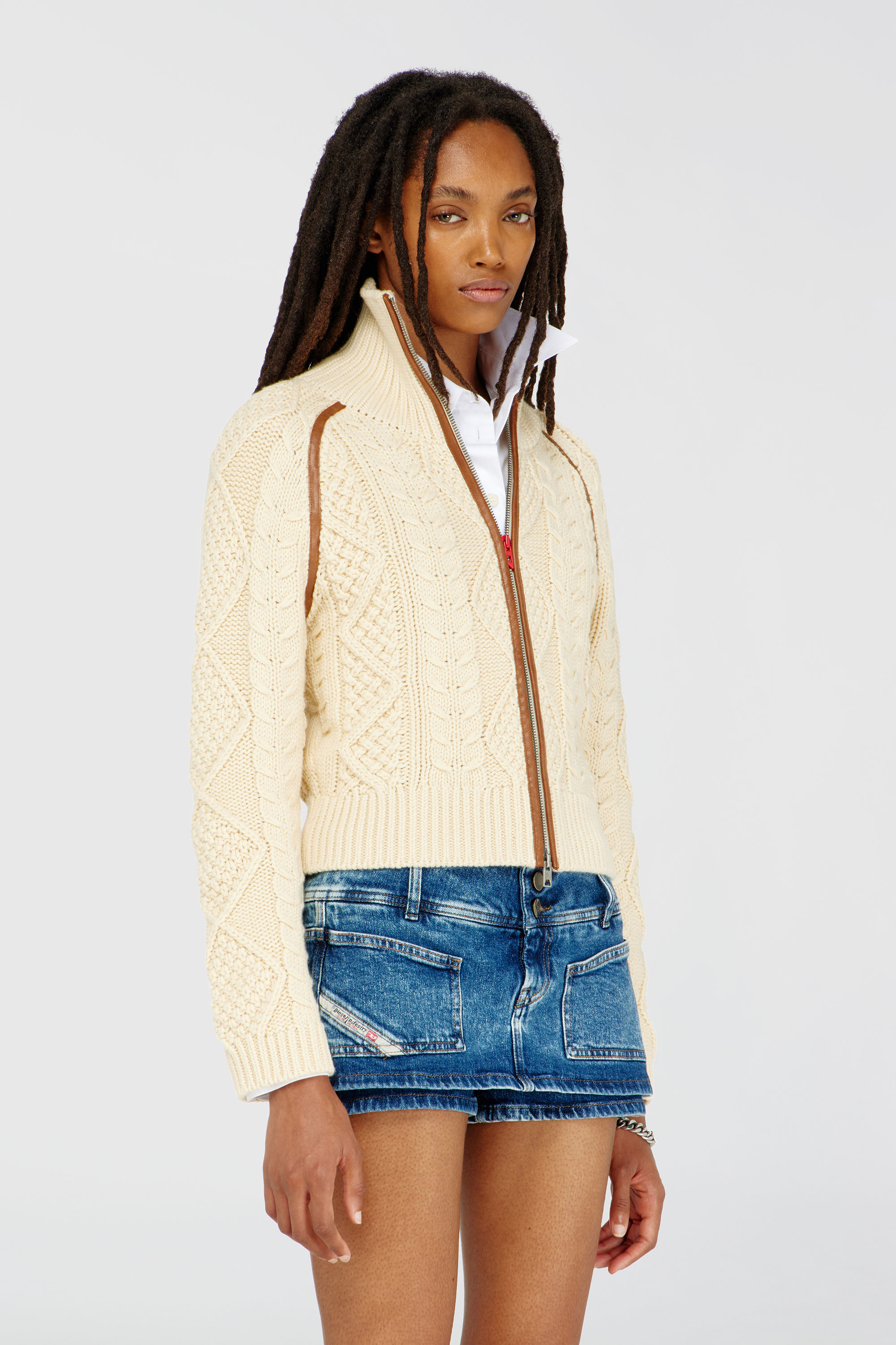 Diesel - M-INTELLE, Damen Kabelstrick-Cardigan mit kontrastierenden Streifen in Beige - 1