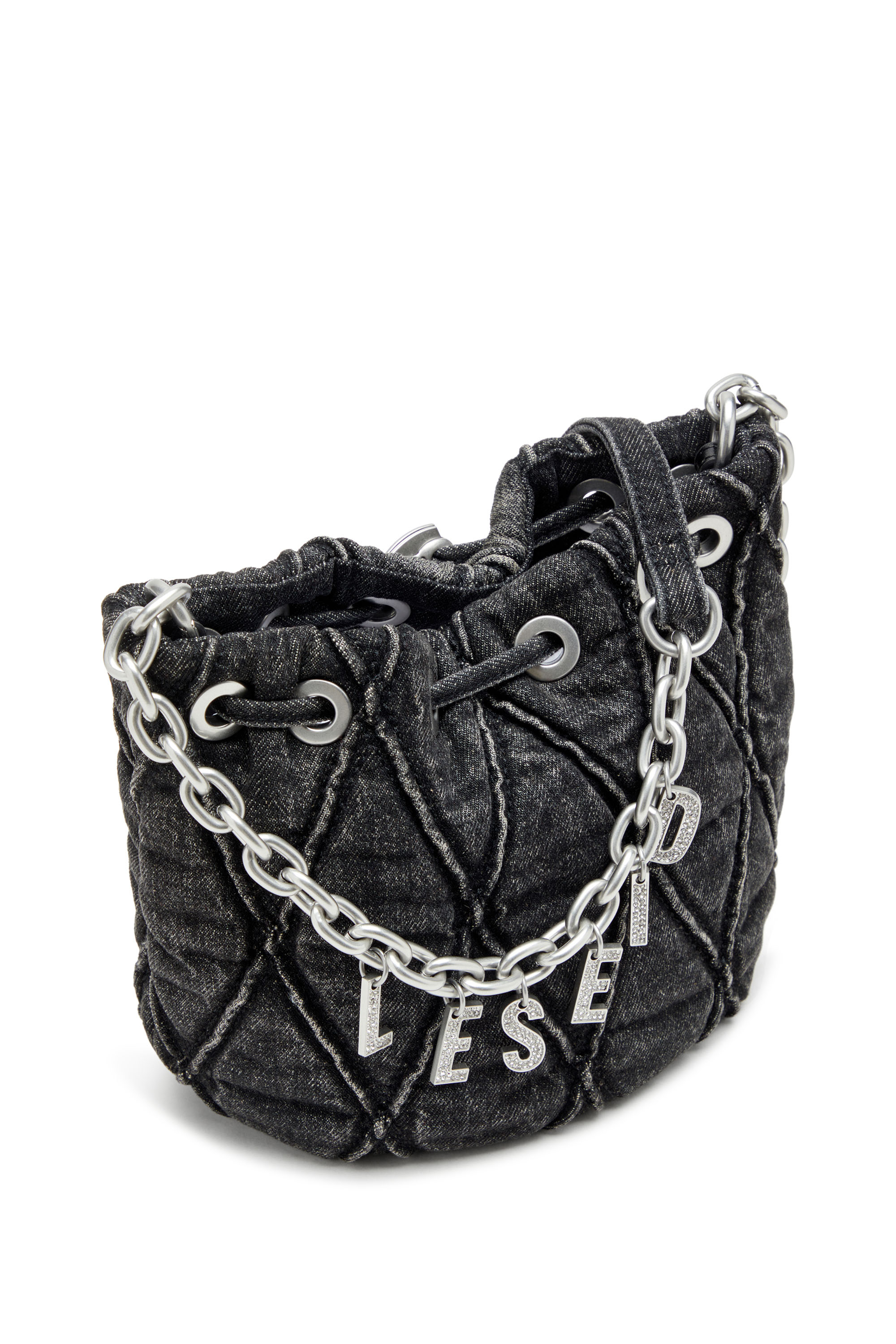 Diesel - CHARM-D BUCKET S, Damen Charm-D S-Mini-Beuteltasche aus behandeltem, gestepptem Denim in Schwarz - 5