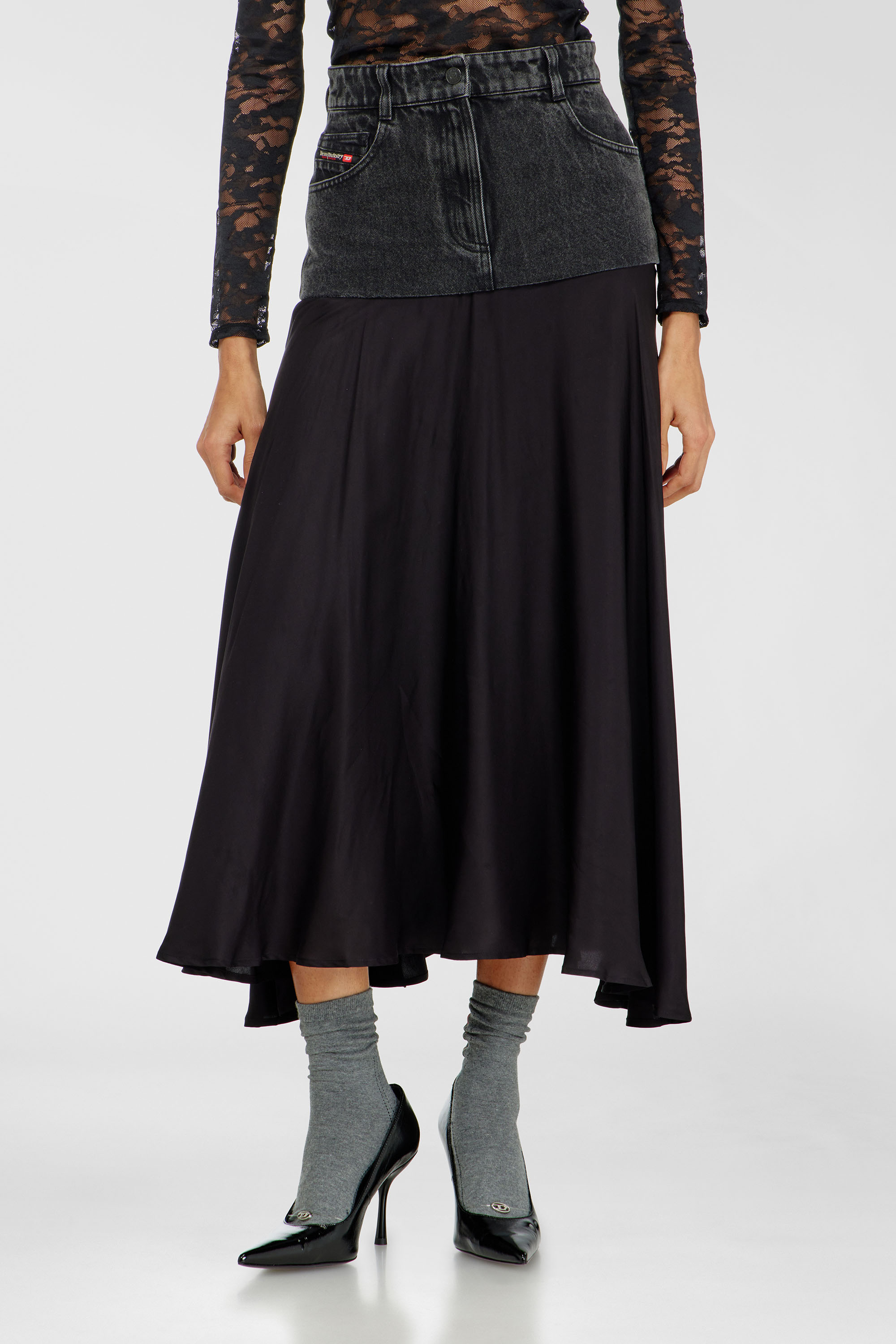 Diesel - O-RIONE, Damen Midirock mit Denim-Satin-Partien in Schwarz - 3