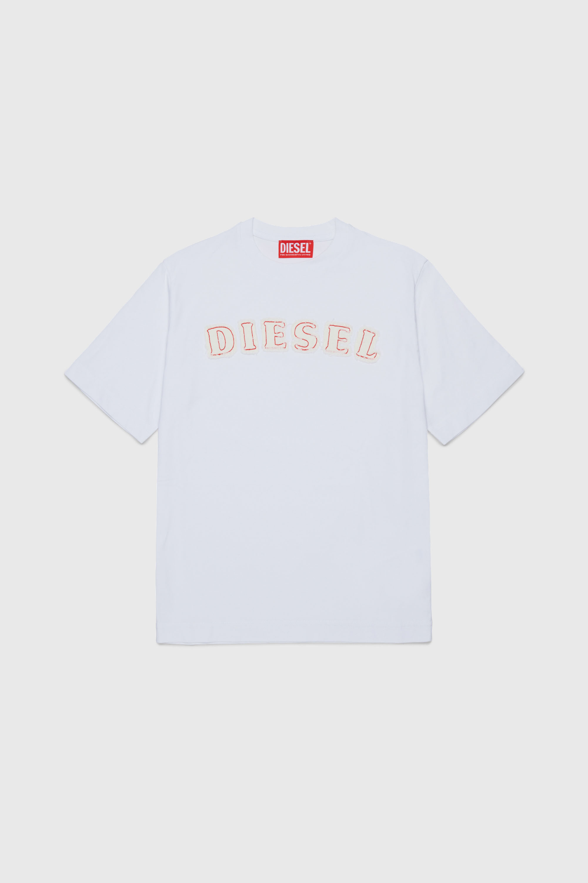 Diesel - TJEANS OVER, Herren Baumwoll-T-Shirt mit Logo im Fransen-Look in Wei&szlig; - 1