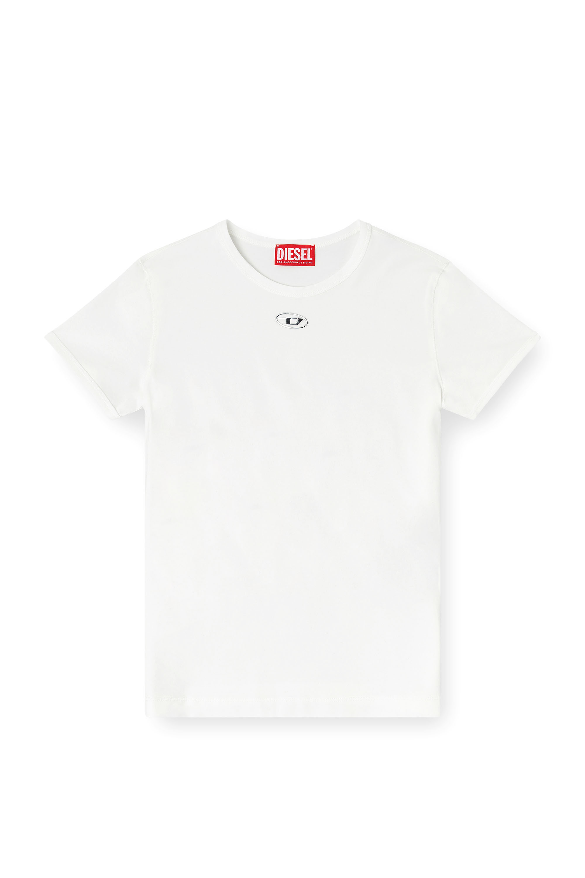 Diesel - T-UNCUTIESLONG-OD, Damen Schmal geschnittenes T-Shirt mit metallischem Oval D in Wei&szlig; - 3