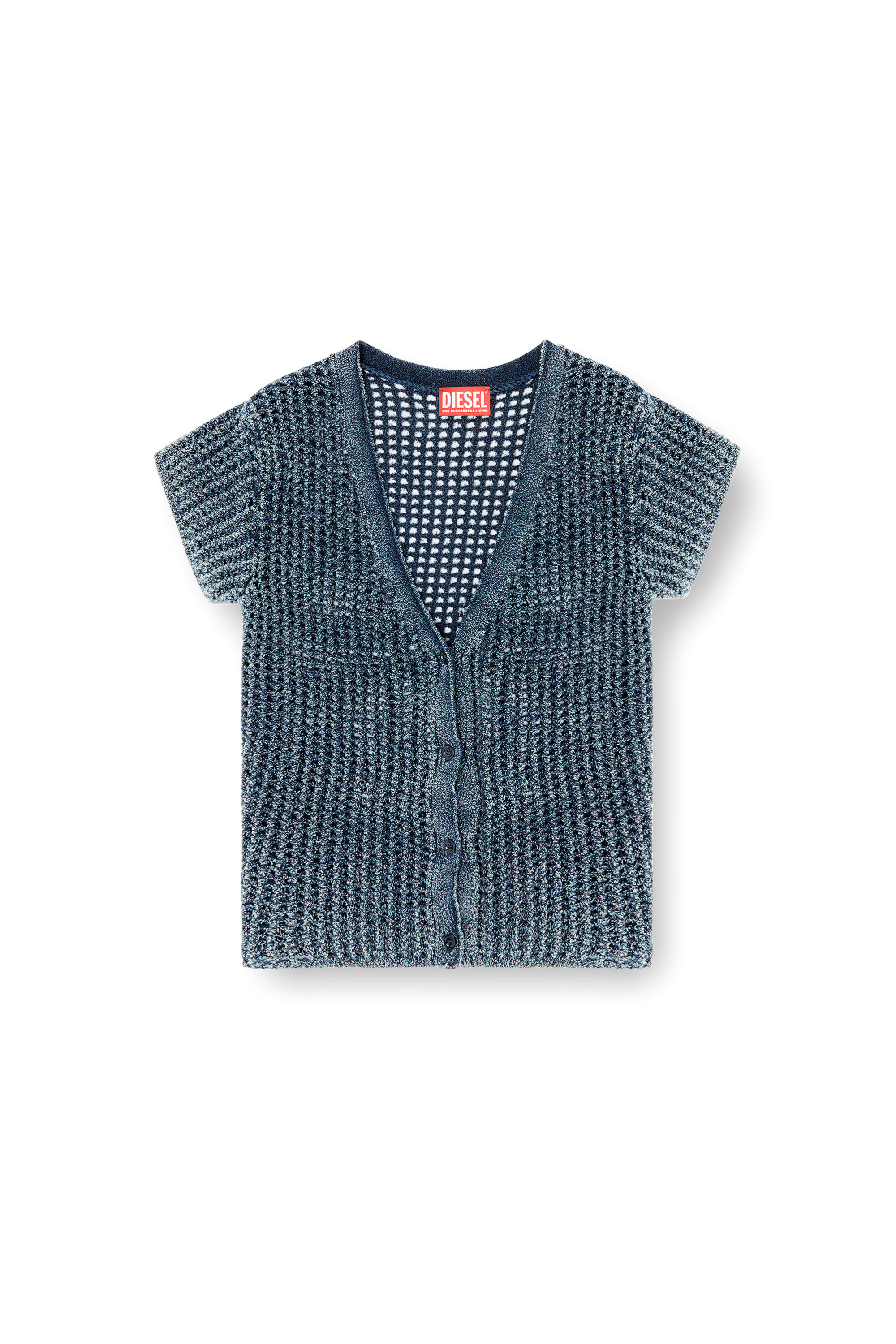 Diesel - M-REZ, Damen Kurzarm-Cardigan aus Denim-Mesh-Strick in Mittelblau - 2