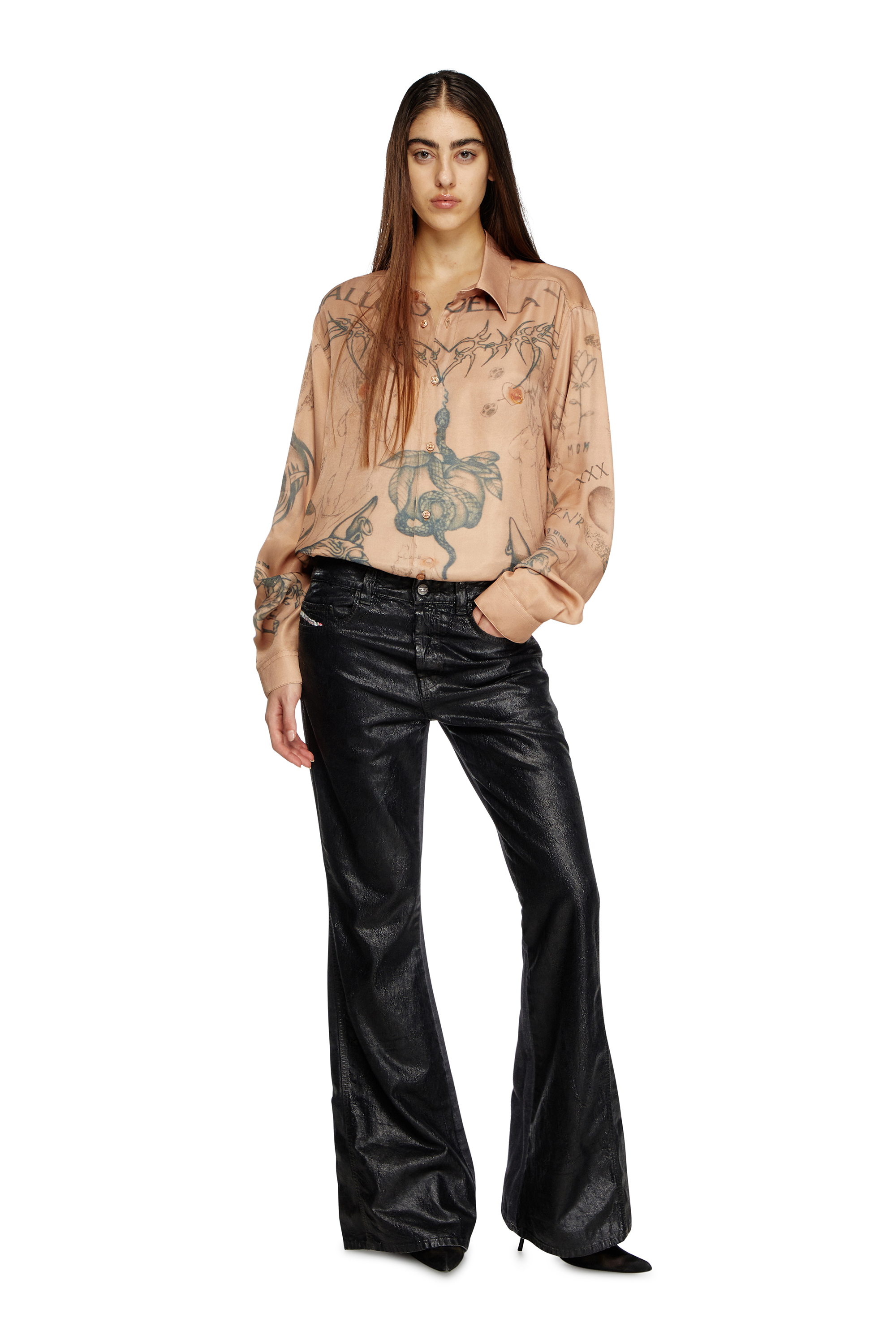 Diesel - S-SIMPLY-TTO-DD, Unisex Fließendes Shirt aus Satin mit Tattoo-Print in Beige - 8