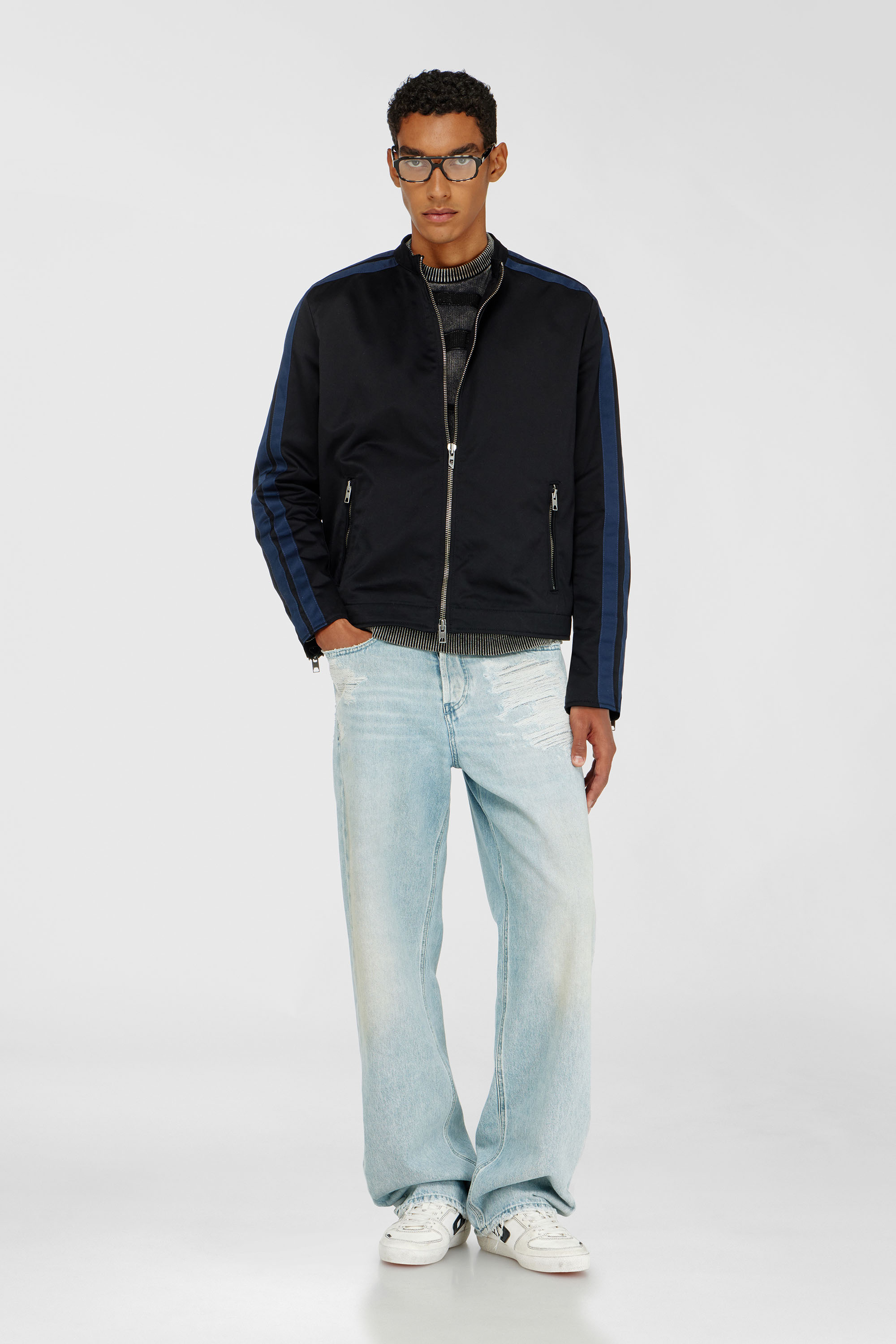 Diesel - J-NAEL, Man's Sporty biker jacket in technical cotton blend in Blue/Black - 1