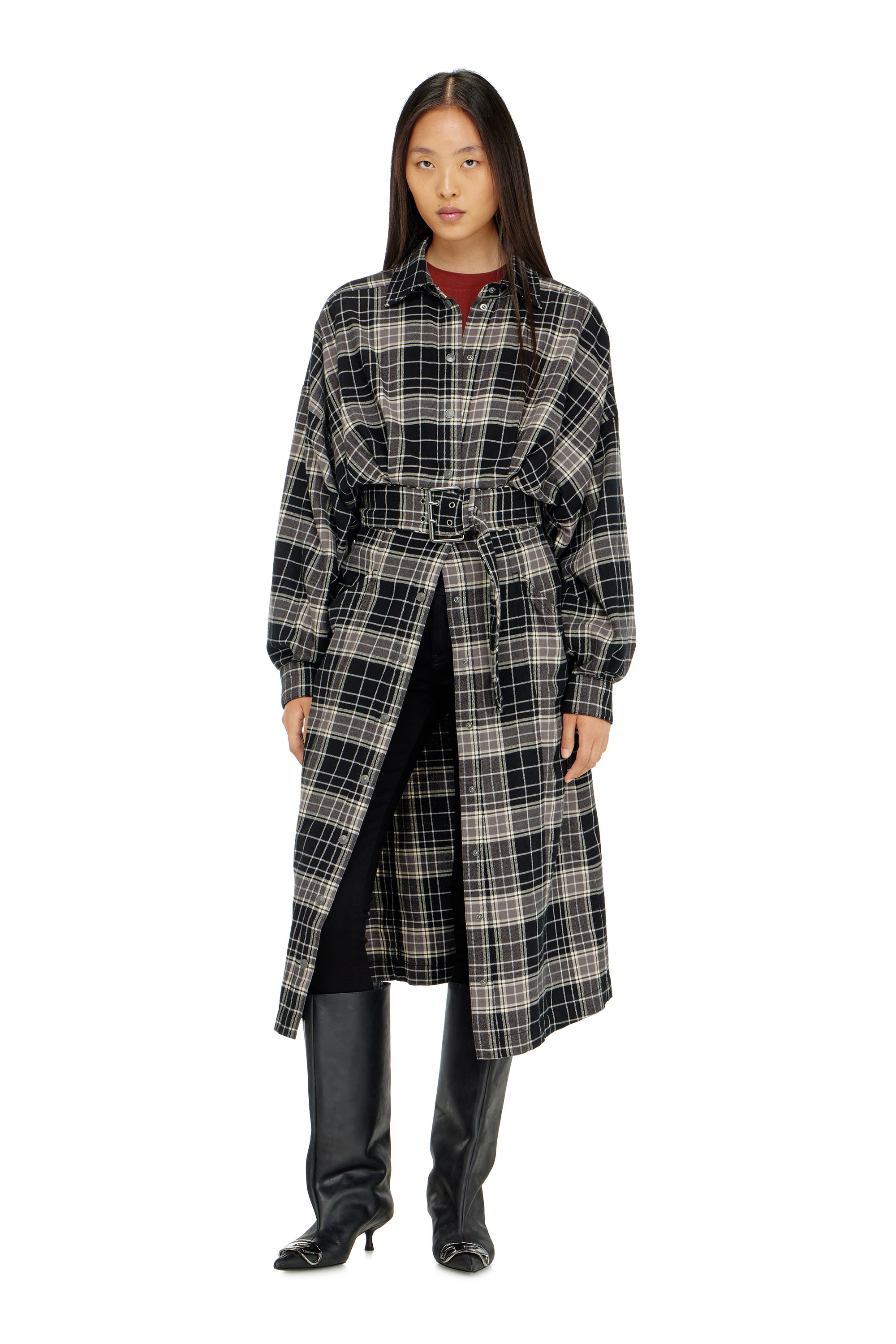 Diesel - D-EDALUS, Damen Midikleid aus kariertem Flanell mit breitem G&uuml;rtel in Grau/Schwarz - 3