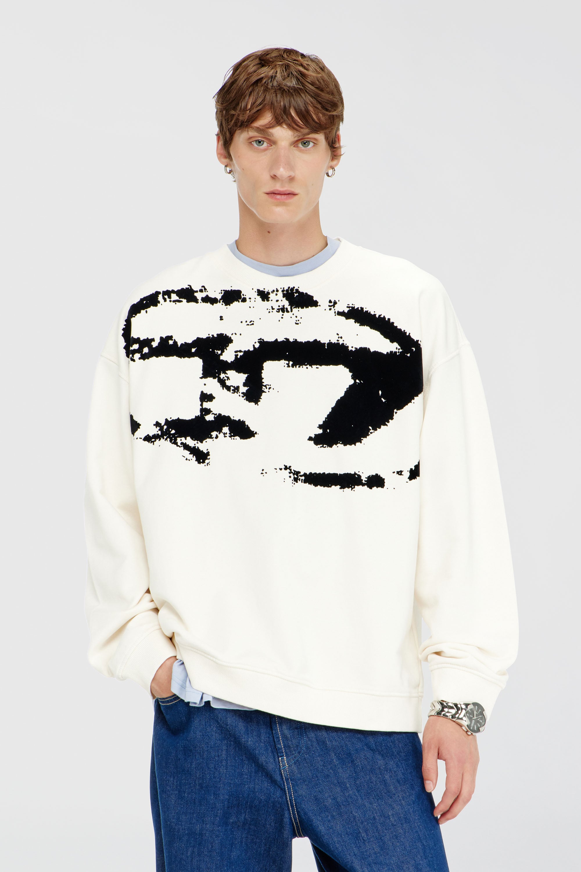 Diesel - S-BOXT-N5, Herren Baumwoll-Sweatshirt mit geflocktem Oval D in Schwarz/Weiss - 1