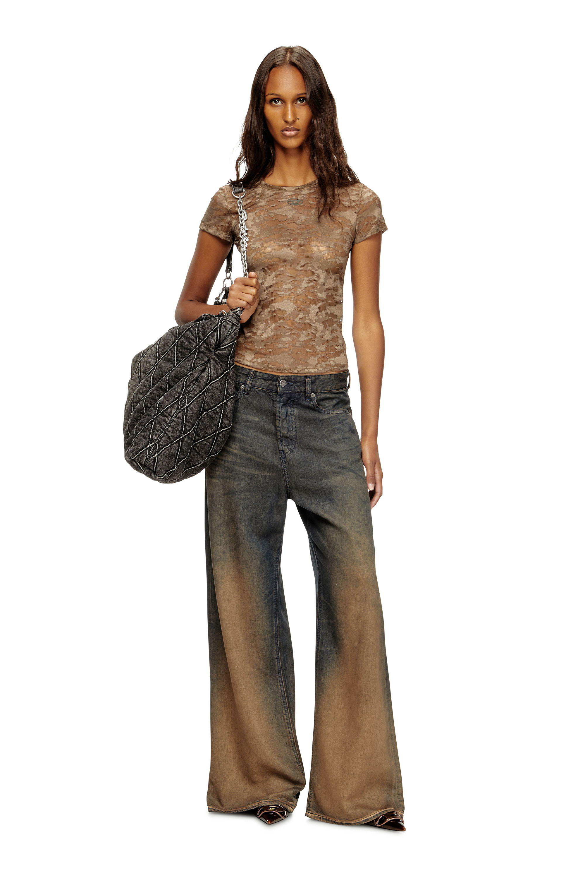 Diesel - KASIA-UTLT, Damen T-Shirt mit Camouflage-Spitze in Braun - 4