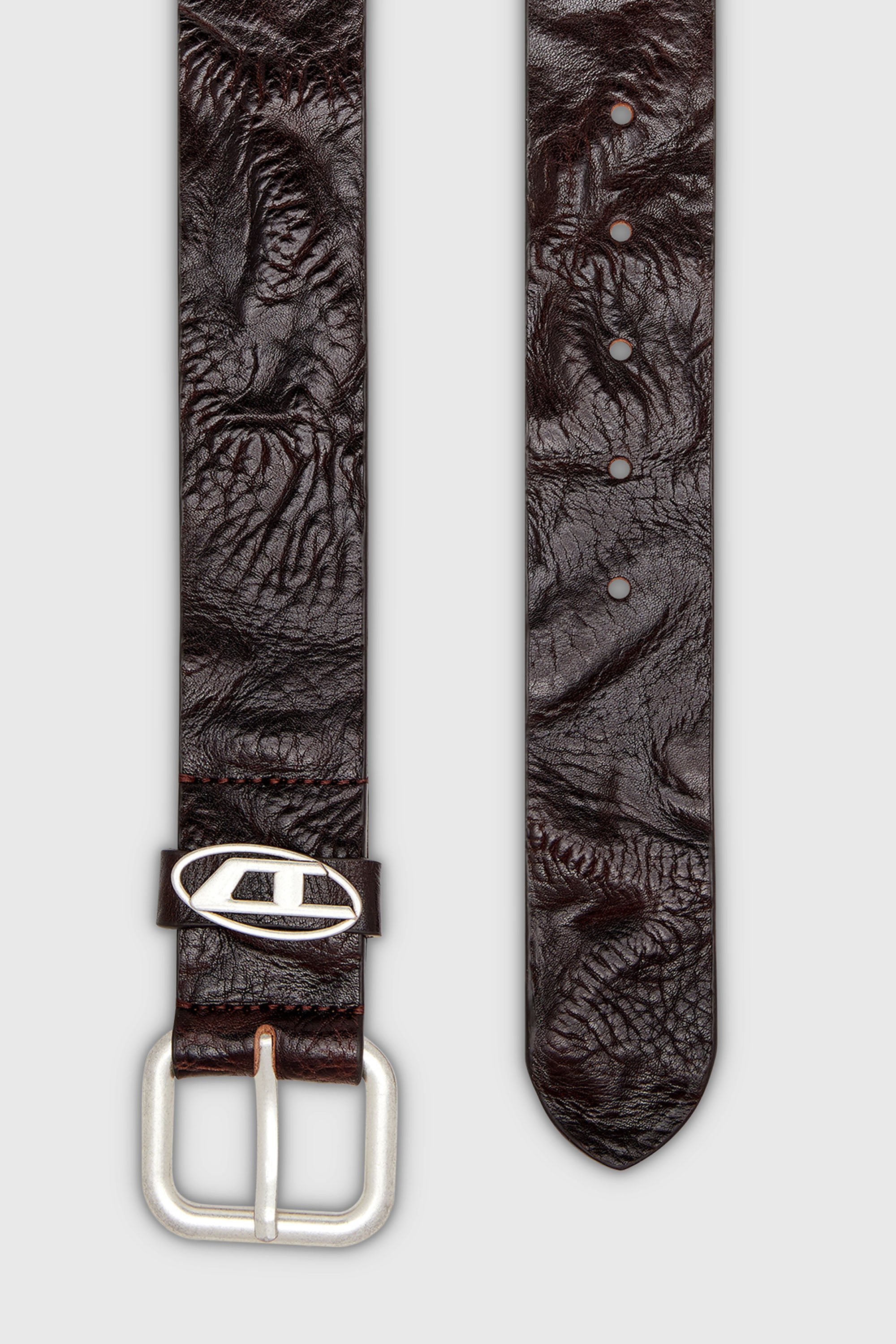 Diesel - B-1DR OVAL D LOOP, Unisex 3.9cm G&uuml;rtel aus Knitter-Leder mit Logo-Plakette in Dunkelbraun - 2