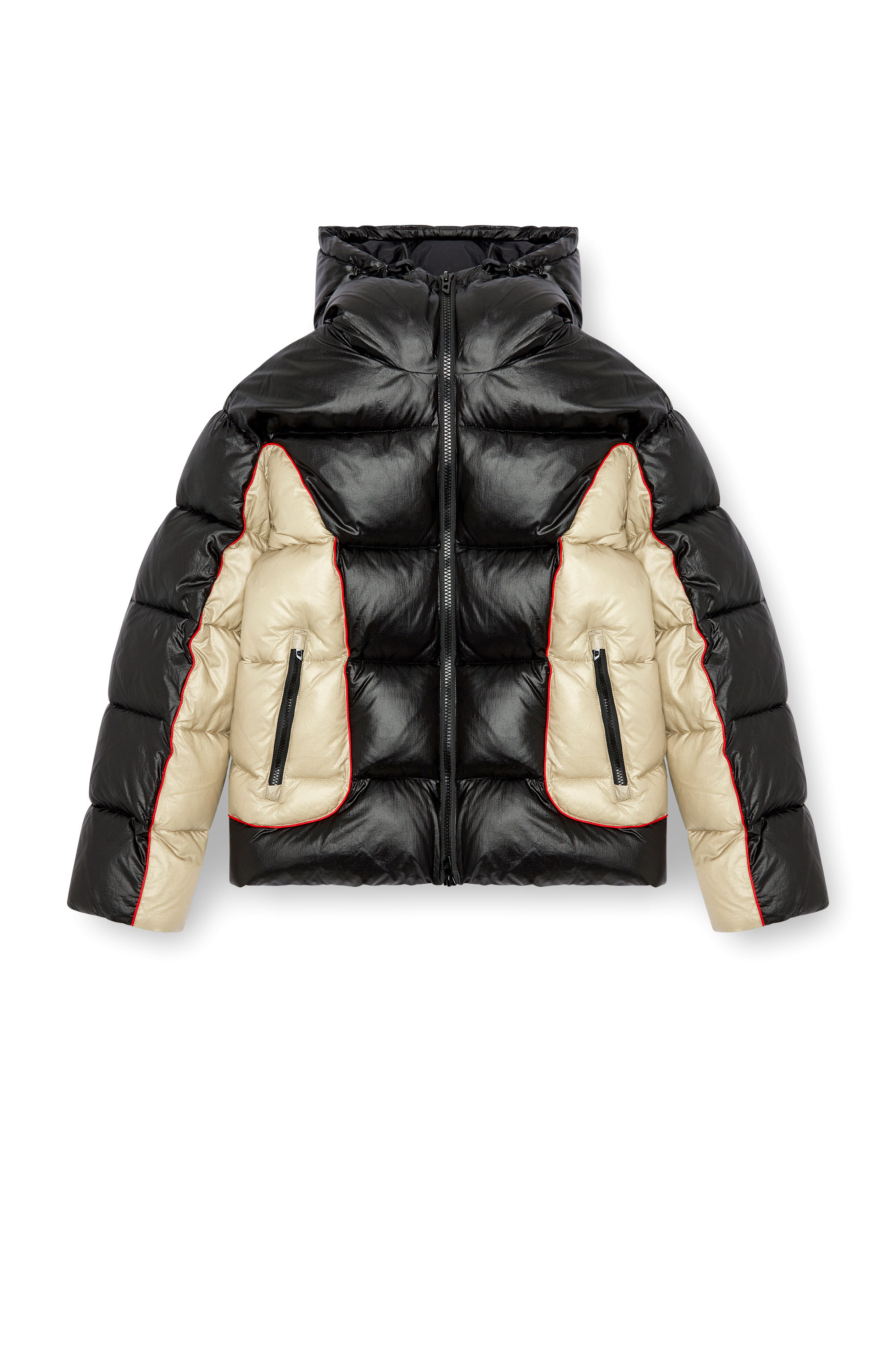 Diesel - W-OSTEND, Herren Pufferjacke mit Kapuze aus gl&auml;nzendem Ripstop in Schwarz/Beige - 2