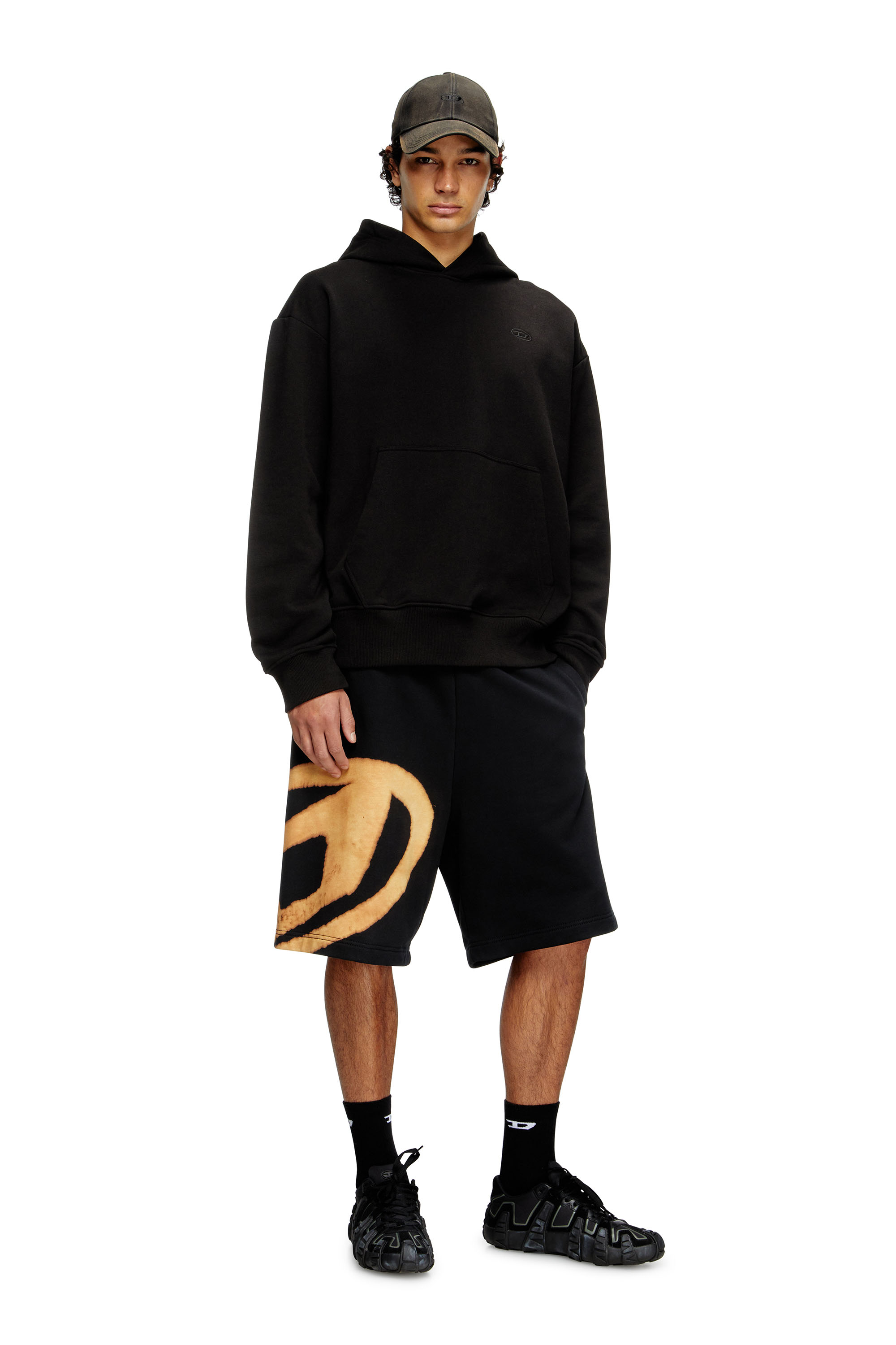 P-CROW-BLEACH, Schwarz/Orange Diesel - P-CROW-BLEACH, Herren Sweatshorts mit gebleichtem Logo in Schwarz/Orange - 1