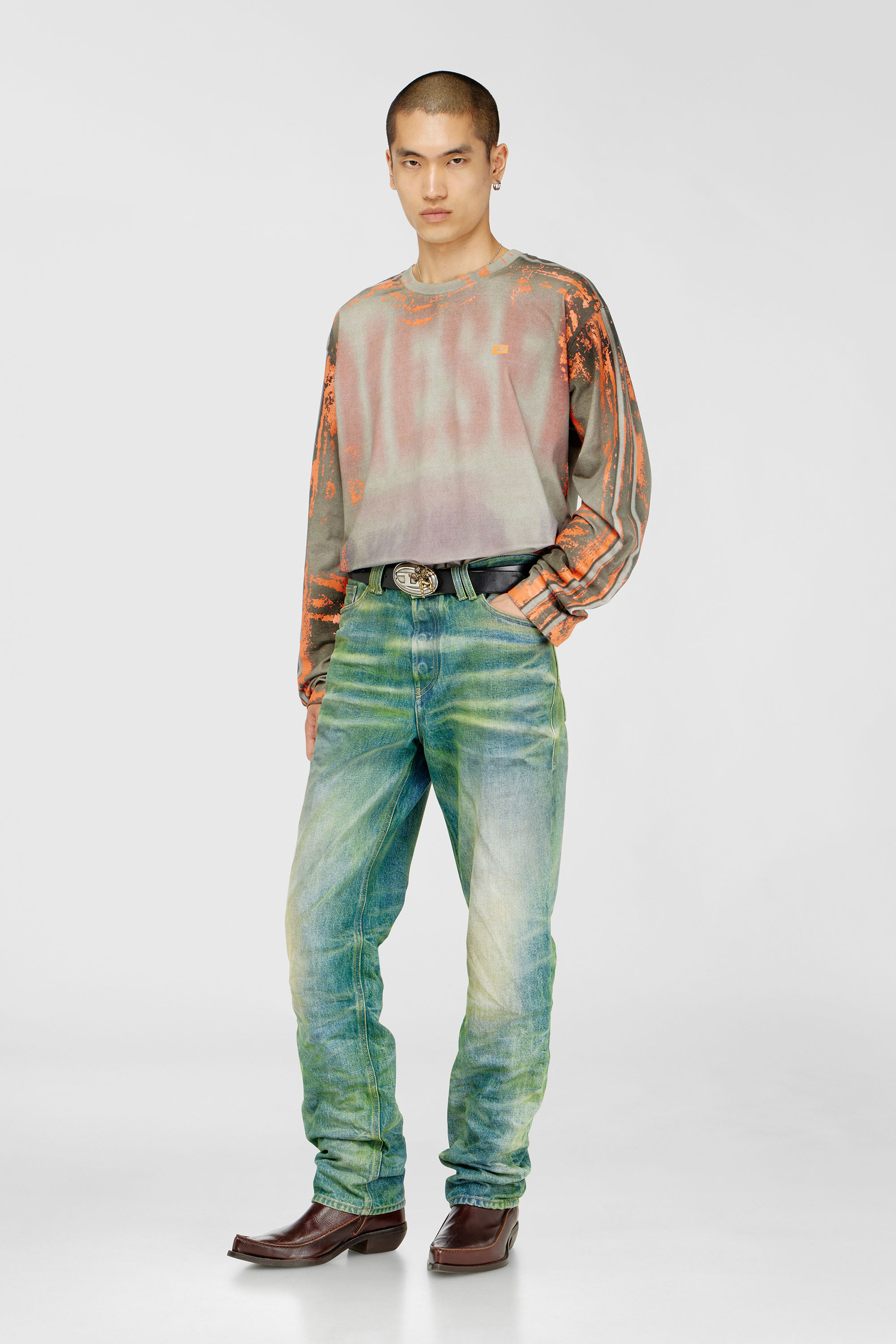 Diesel - T-FILMY, Herren Langarmshirt aus Cracked Jersey in Grau/Orange - 2