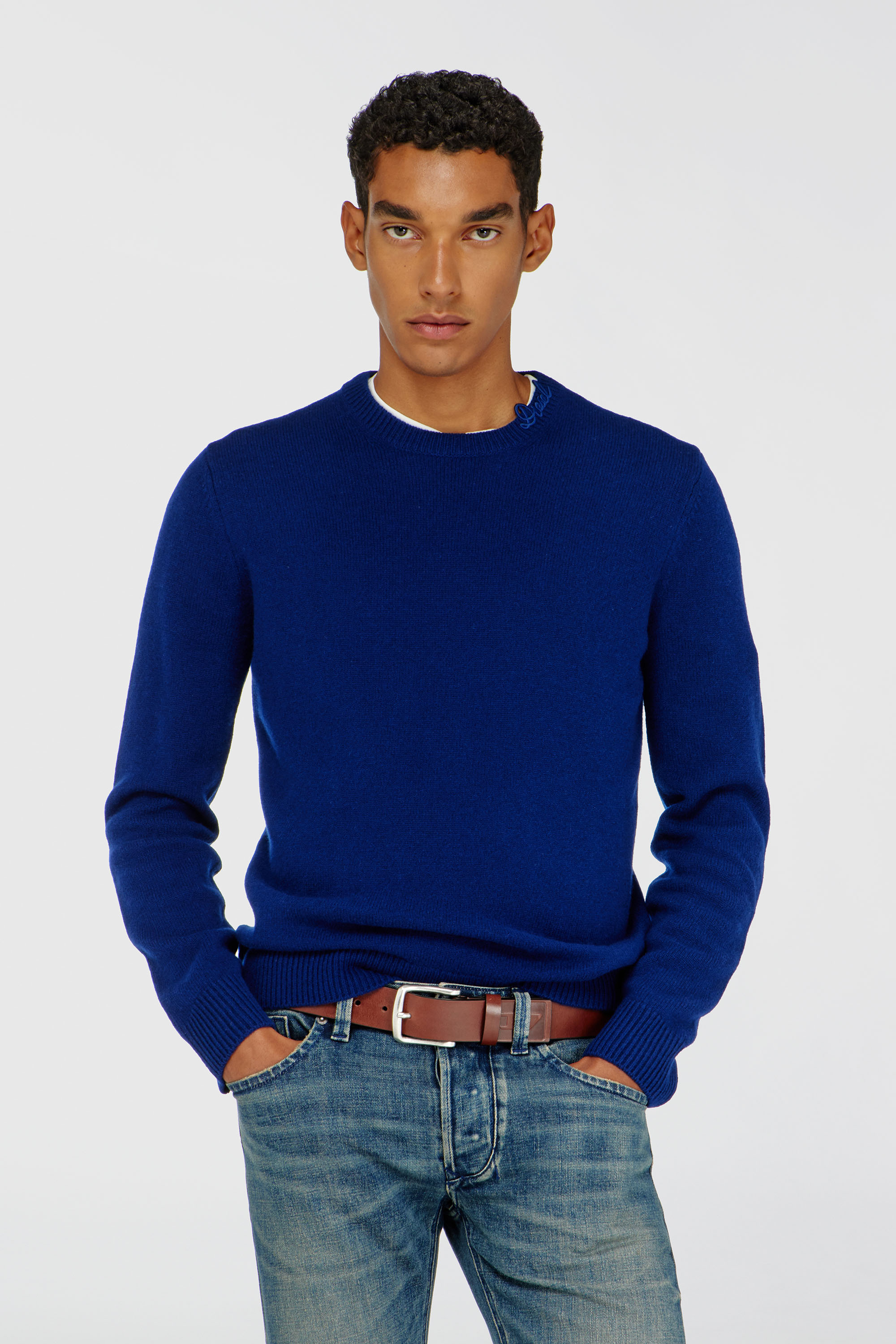 Diesel - K-IMBRO, Man's Wool jumper with neck logo in Blue - 1