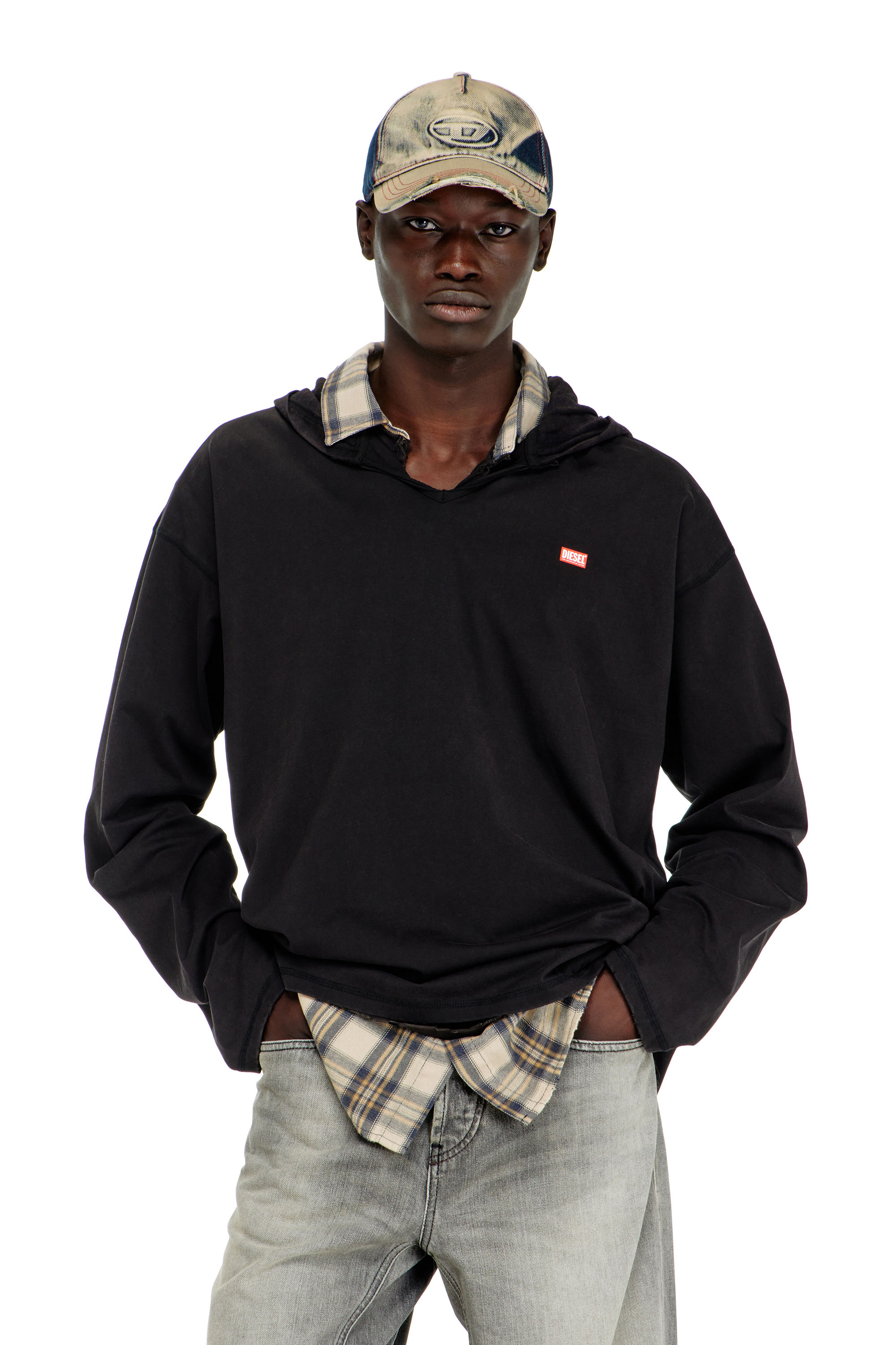 Diesel - T-BOXT-LS-HOOD-CHECK, Herren Langarm-T-Shirt mit Flanell-Kapuze in null - 3