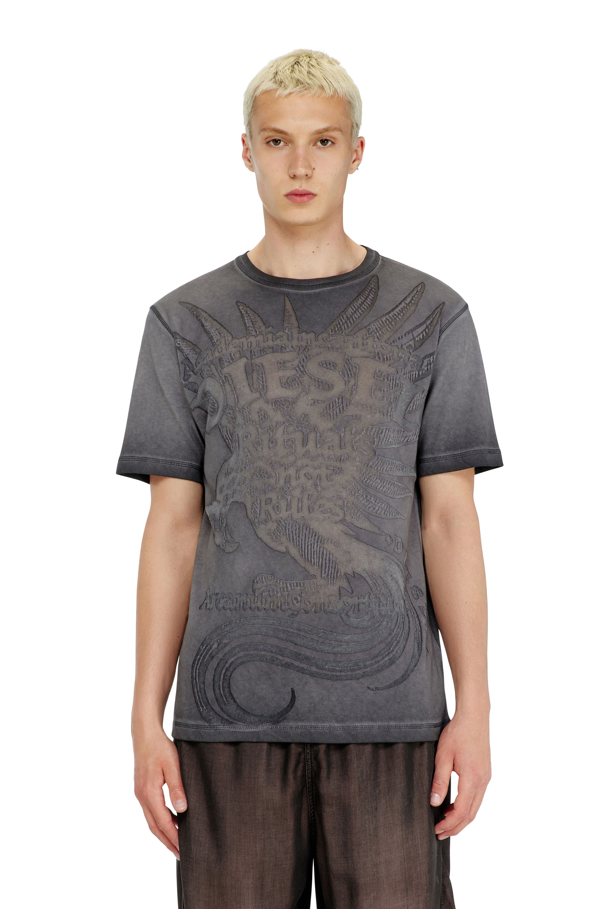 Diesel - T-RAWJUST-AA1, Herren Jersey-T-Shirt mit gepr&auml;gtem Motiv in Dunkelgrau - 1