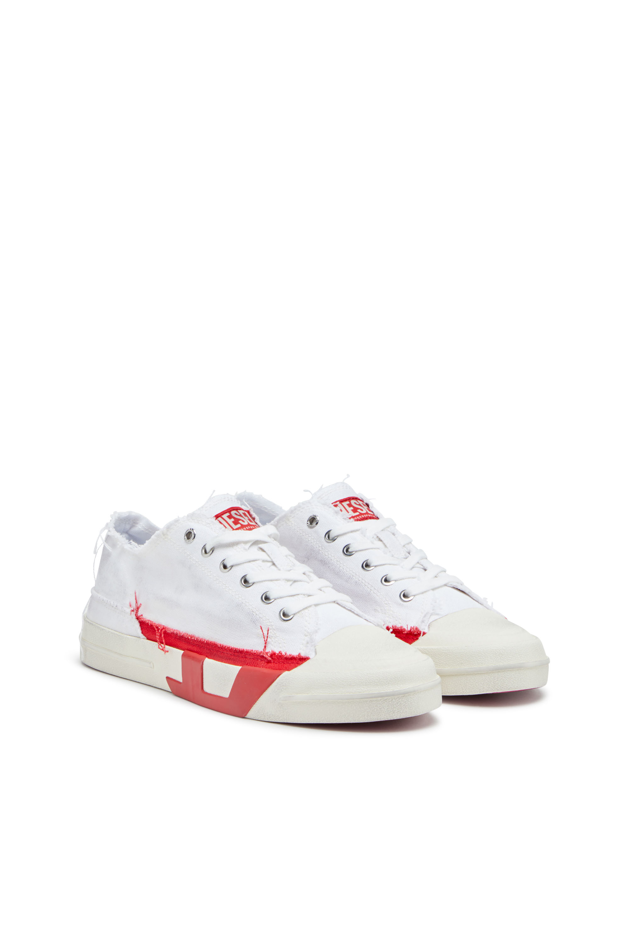 Diesel - S-D-VERSE LOW, Man's Dirty-effect canvas sneakers in White/Red - 2