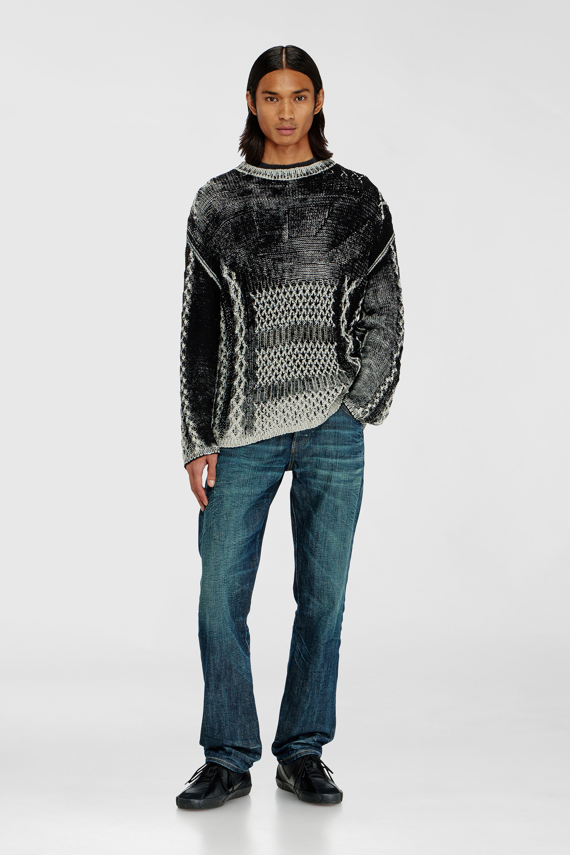 Diesel - K-MIONE, Herren Treated cable-knit Pullover in Grau/Schwarz - 1