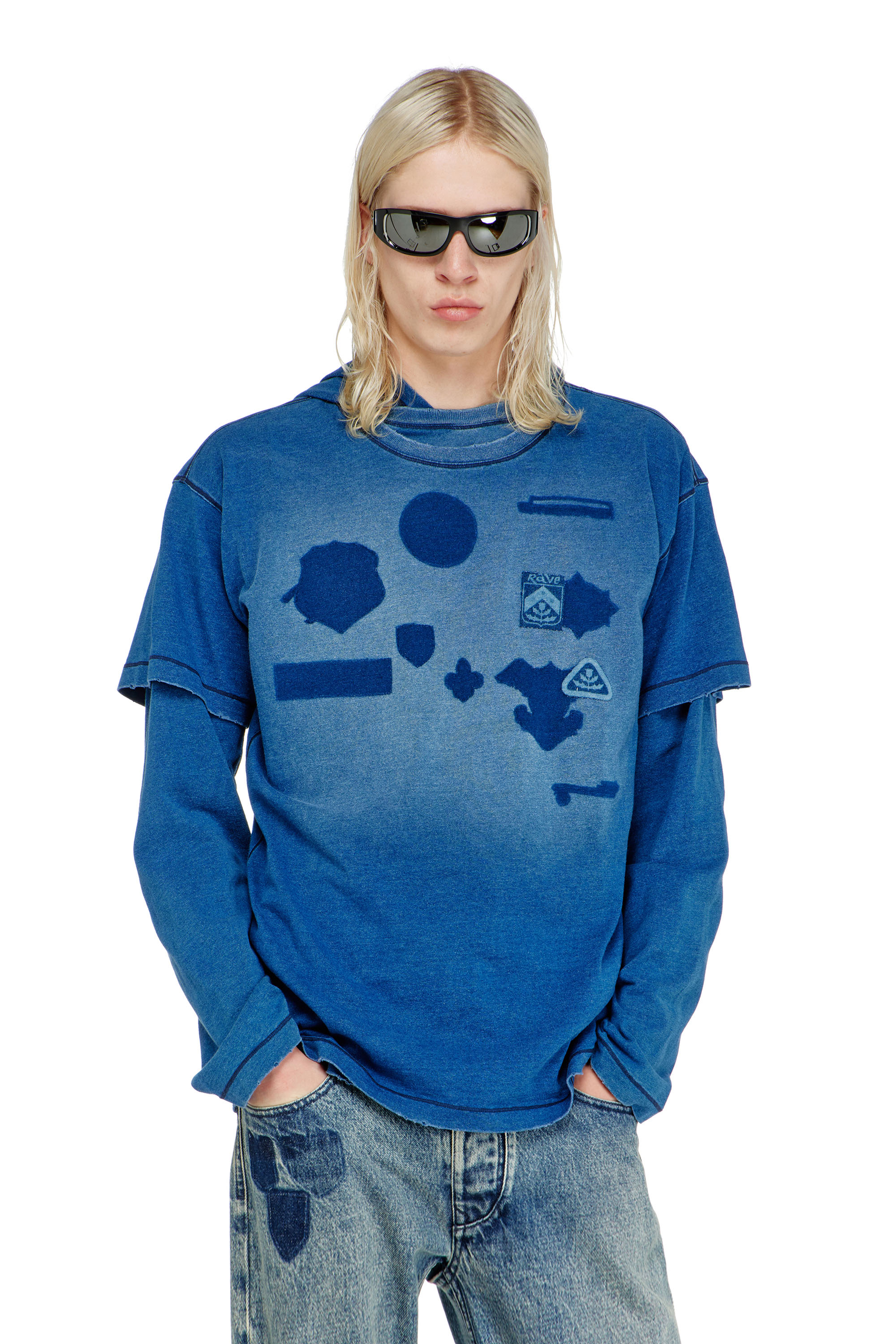 Diesel - T-NOX, Herren T-shirt mit patches mit schatteneffekt in Mittelblau - 1