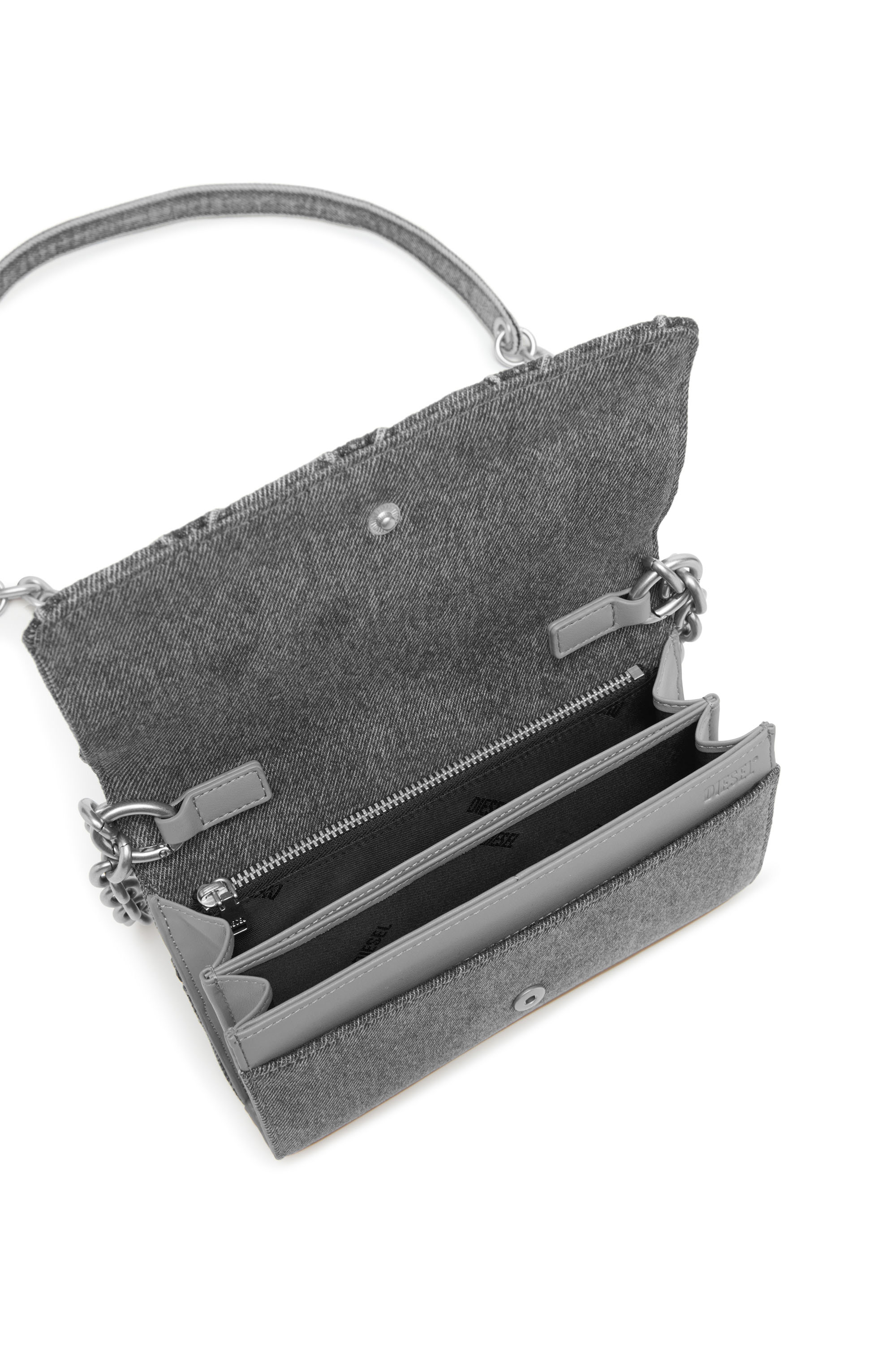 Diesel - CHARM-D WALLET STRAP, Damen Portemonnaie-Tasche aus gestepptem Argyle-Denim in Blau - 4