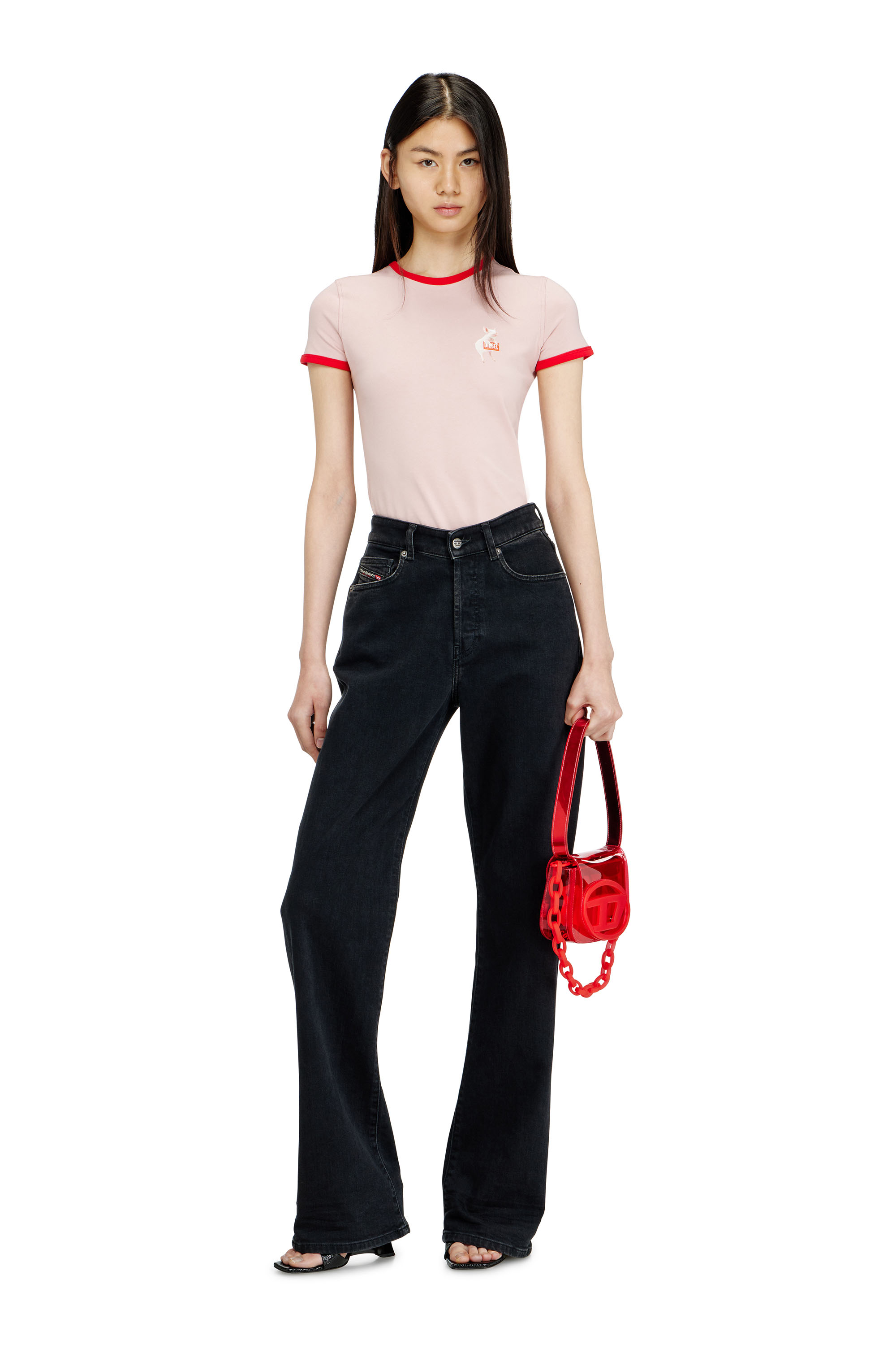 Diesel - T-UNCUTIES-LONG-S12, Damen Schmales T-Shirt mit Schweinedruck in Rosa - 2