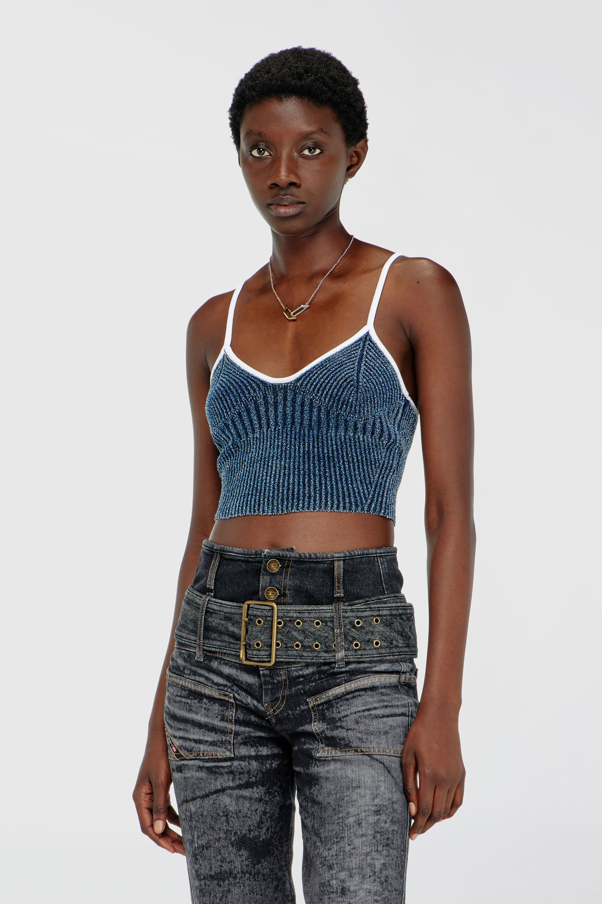 Diesel - M-ESTERE, Damen Crop-Top aus indigo boucl&eacute; Rippstrick in Blau/Weiss - 3