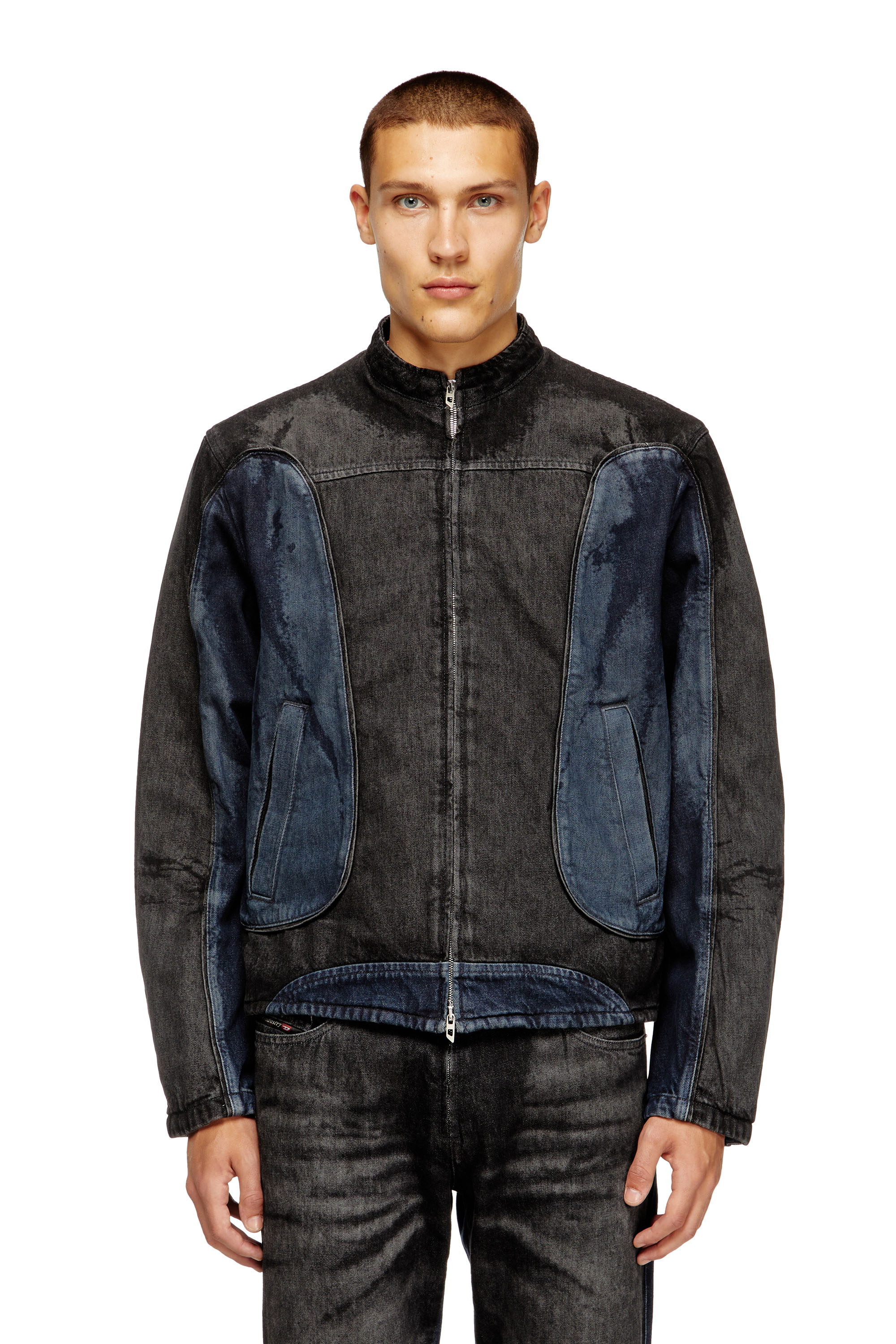 Diesel - D-BLENK-S, Herren Bikerjacke aus zweifarbigem Denim in Schwarz/Blau - 1