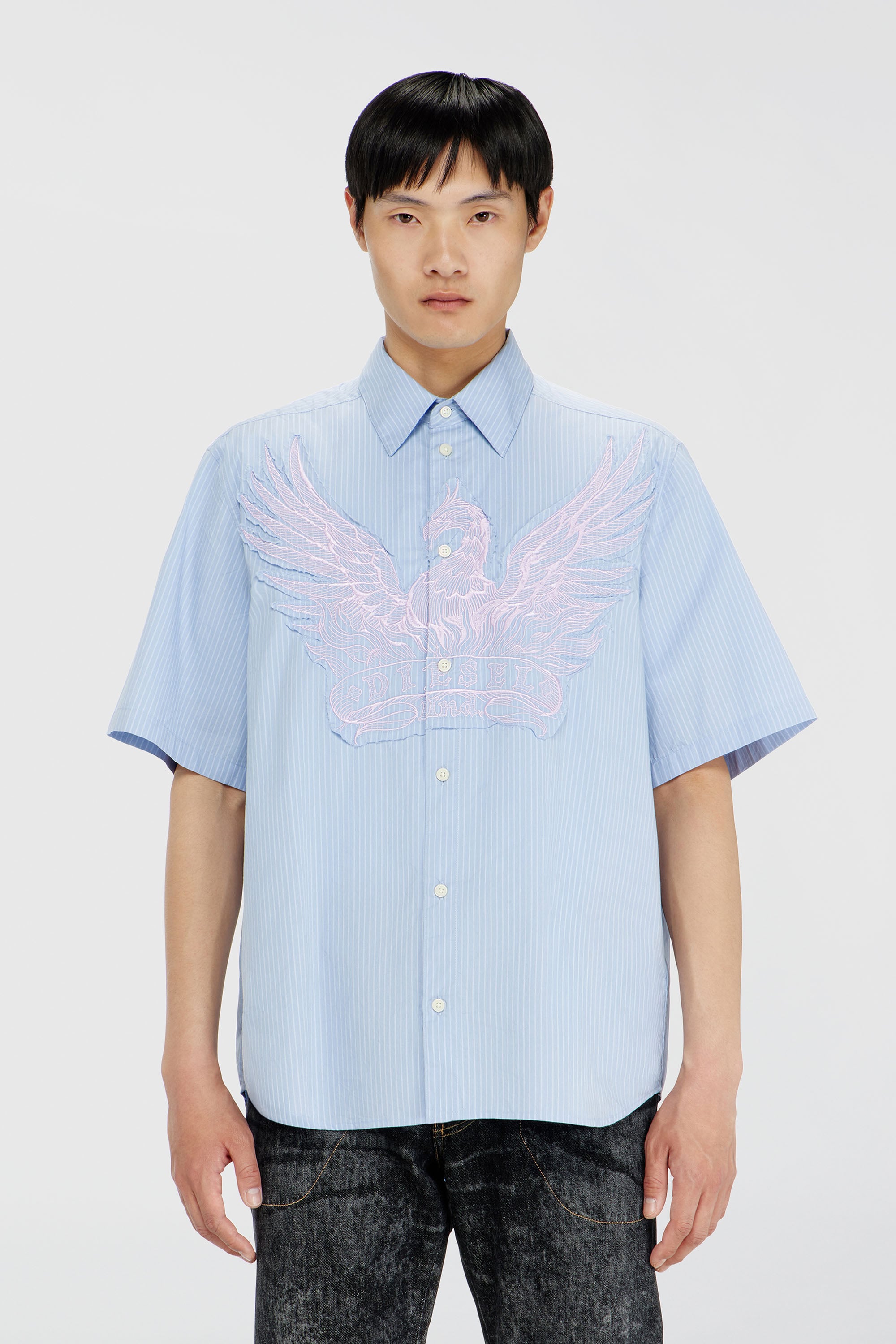 Diesel - S-SIMPLY-SS-AGCZ, Man's Striped poplin shirt with embroidered patch in Light Blue - 1