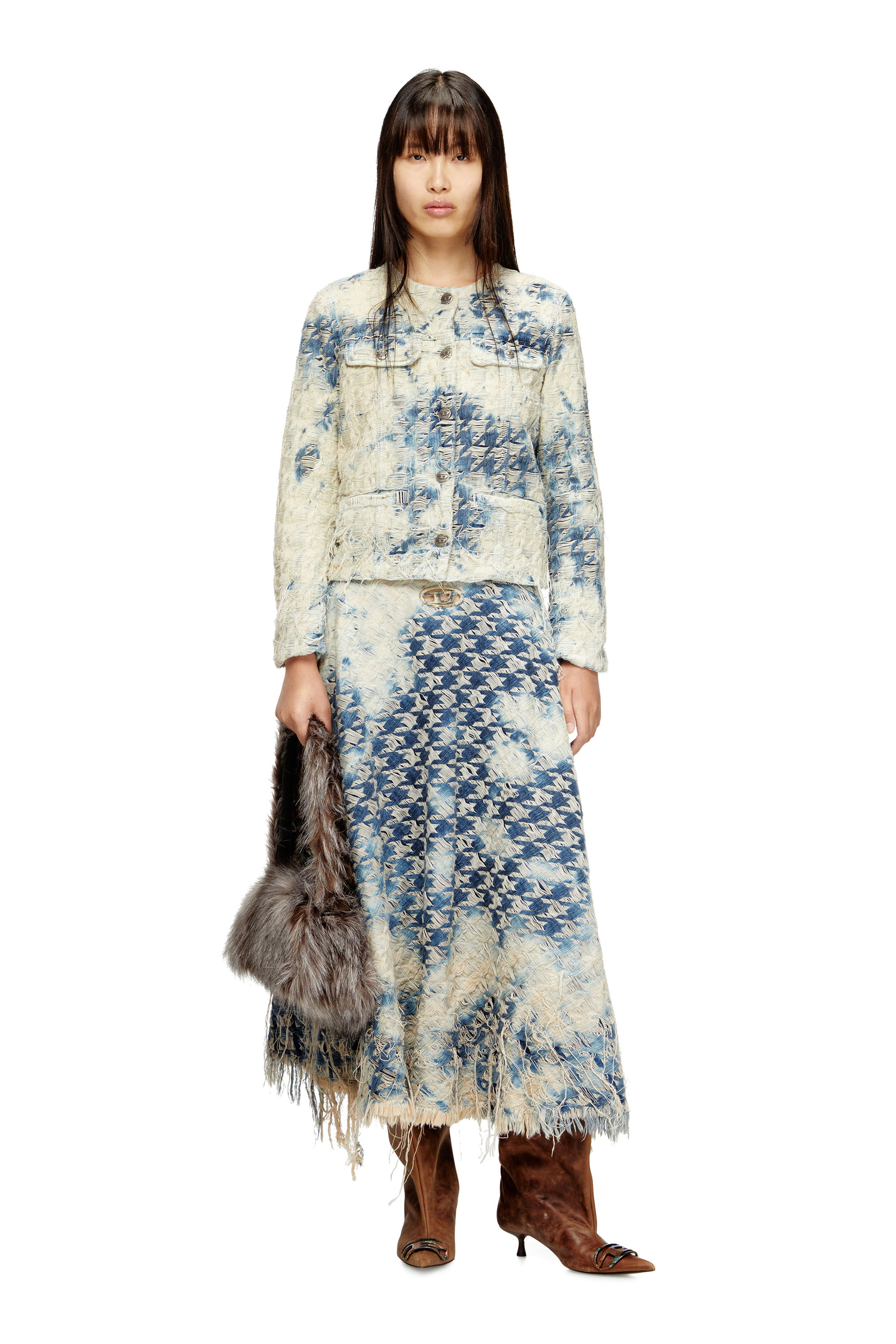 DE-ANNET-FSH1, Medium blue Diesel - DE-ANNET-FSH1, Woman's Midi skirt in houndstooth-weave denim in Medium blue - 1