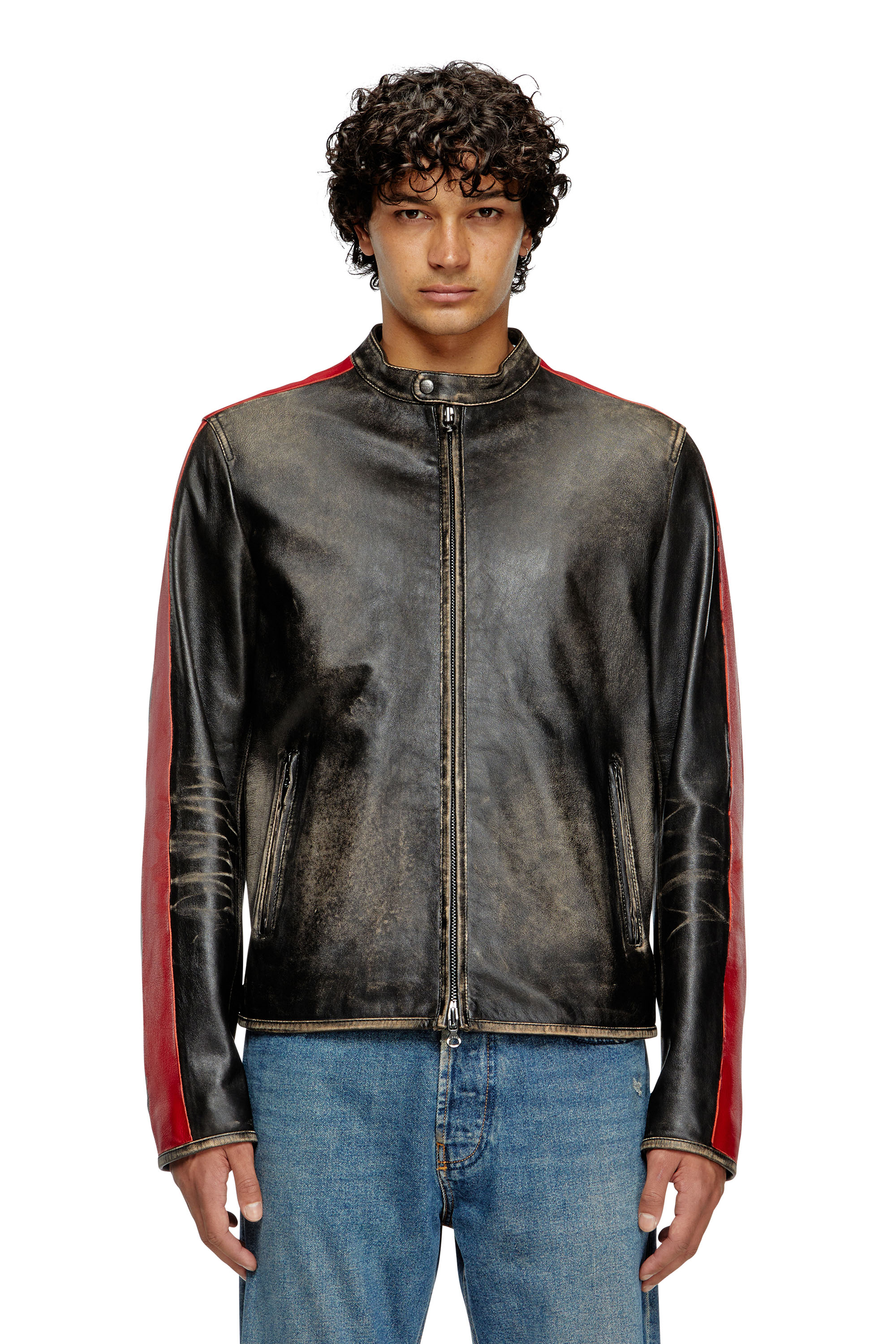 Diesel - L-RENN, Herren Jacke aus Leder mit kontrastfarbenen Streifen in Schwarz/Rot - 1
