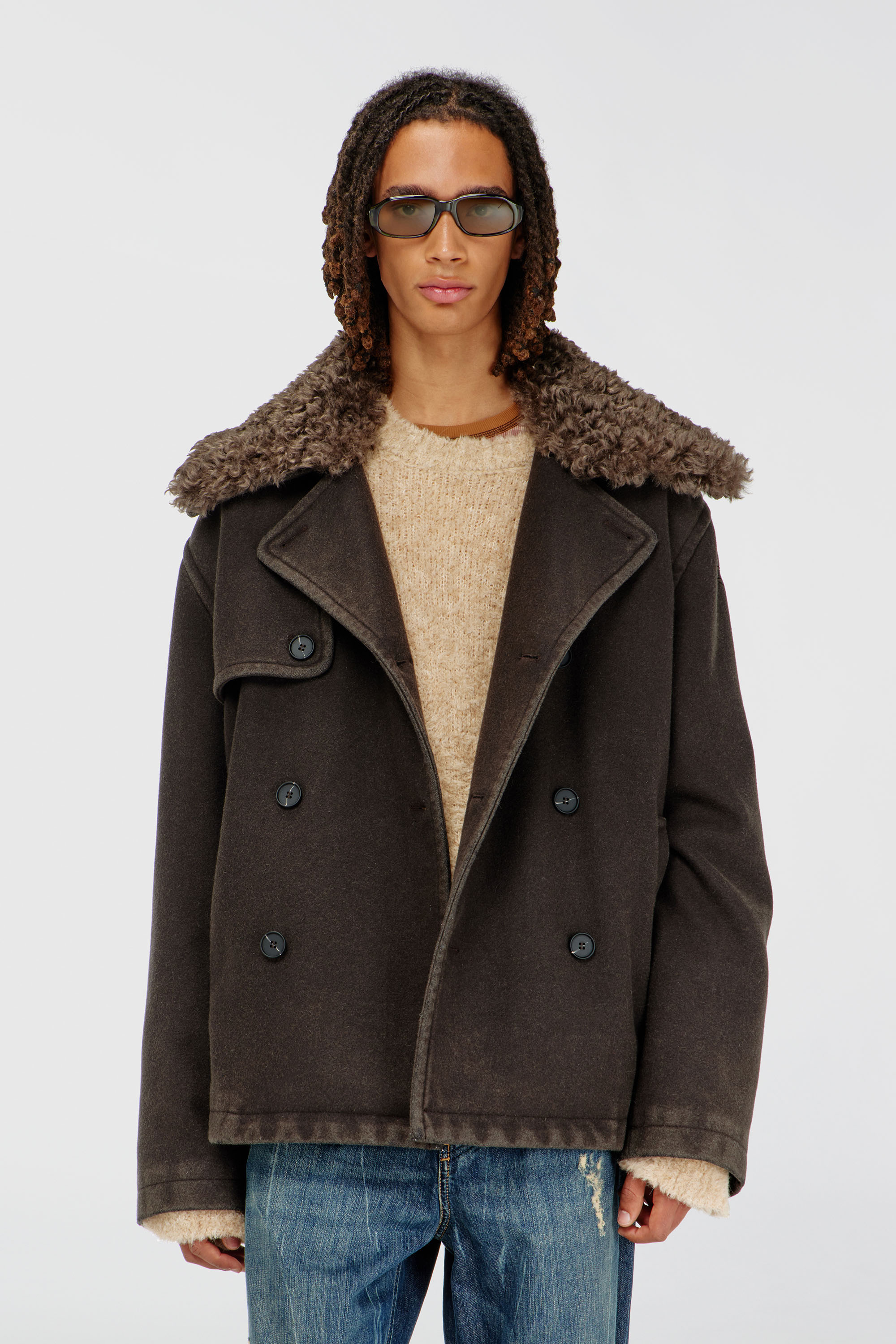 Diesel - W-JAKE-QMCH, Man's Wool-blend peacoat with detachable collar in Brown - 1