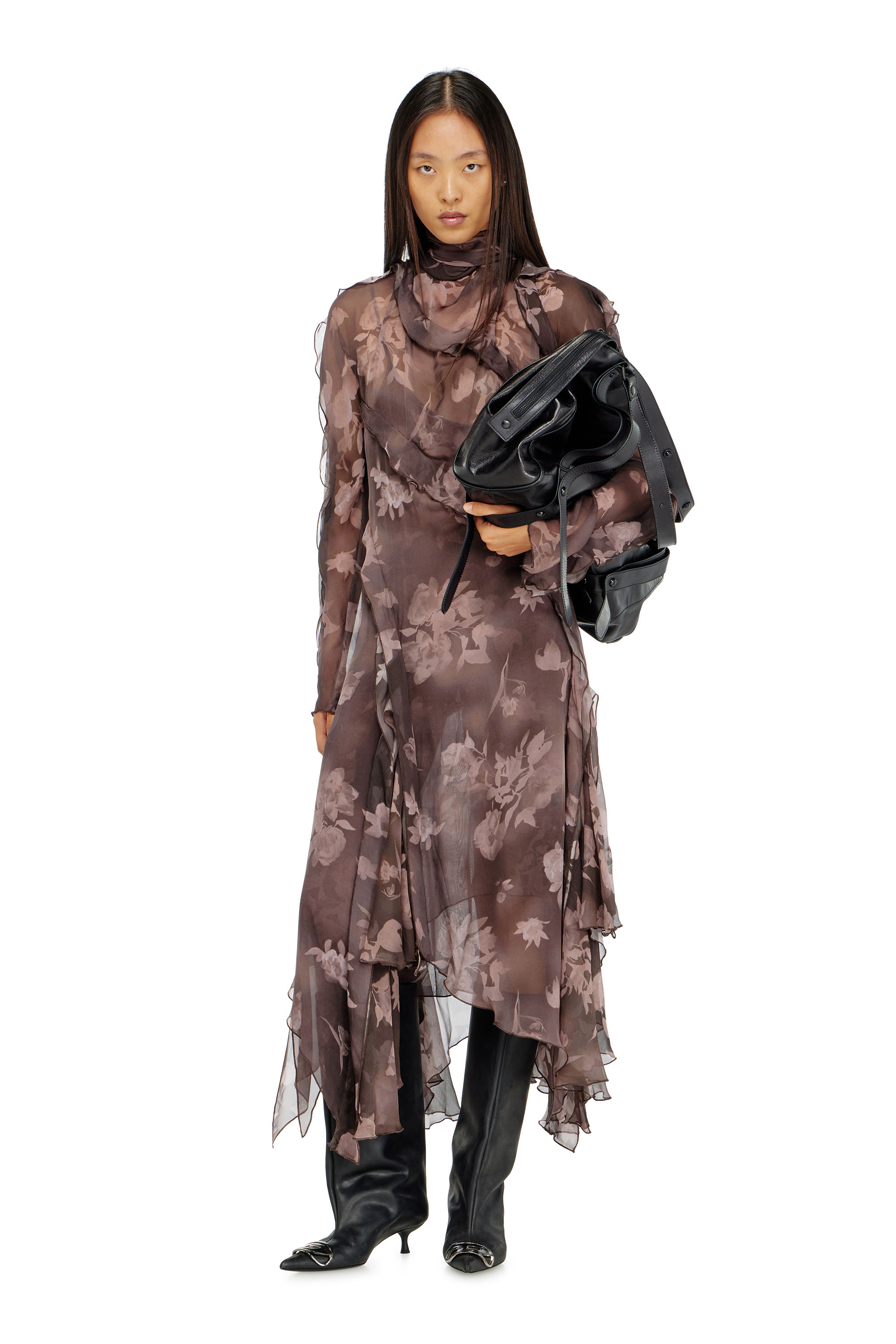 Diesel - D-RIADI, Damen Asymmetrisches Midikleid aus Chiffon und Seiden-Cr&ecirc;pe in Braun - 2
