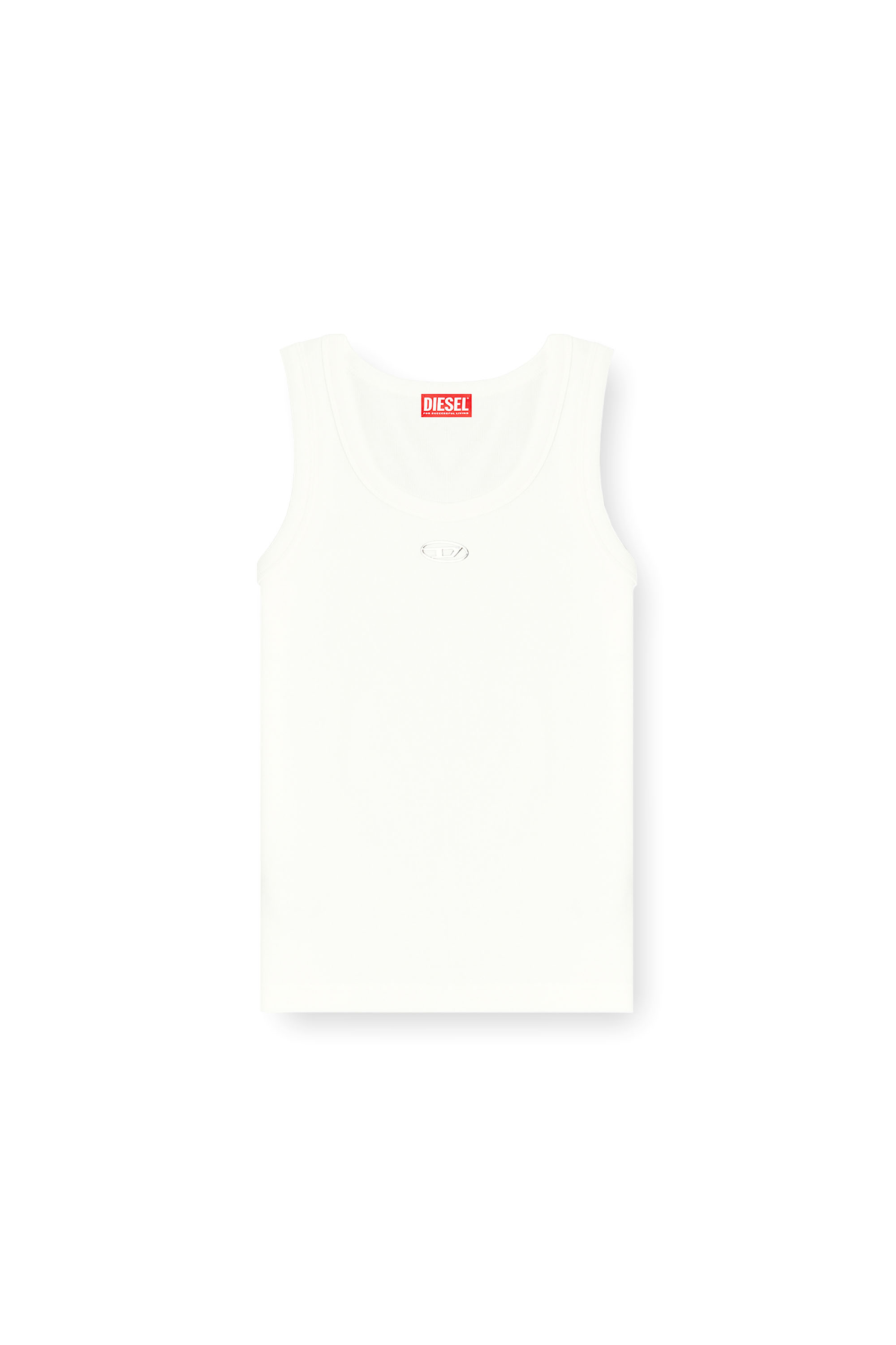 Diesel - T-ANKI-OD, Damen Schmal geschnittenes, geripptes Tanktop mit metallischem Oval D in Wei&szlig; - 3