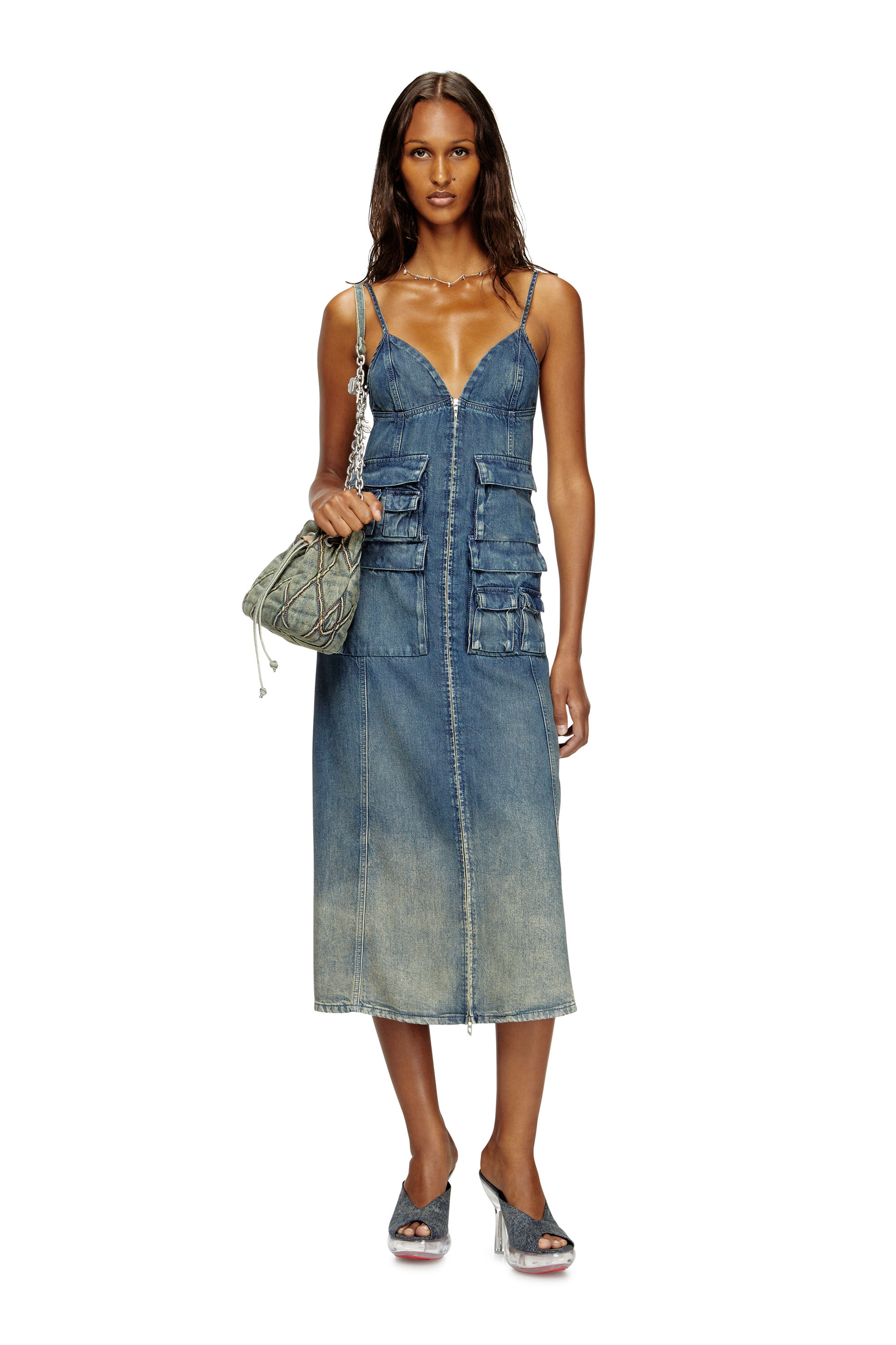 Diesel - DE-MELVI-S, Damen Kleid aus fließendem Denim mit vielgetragenem Laser-Effekt in Mittelblau - 1