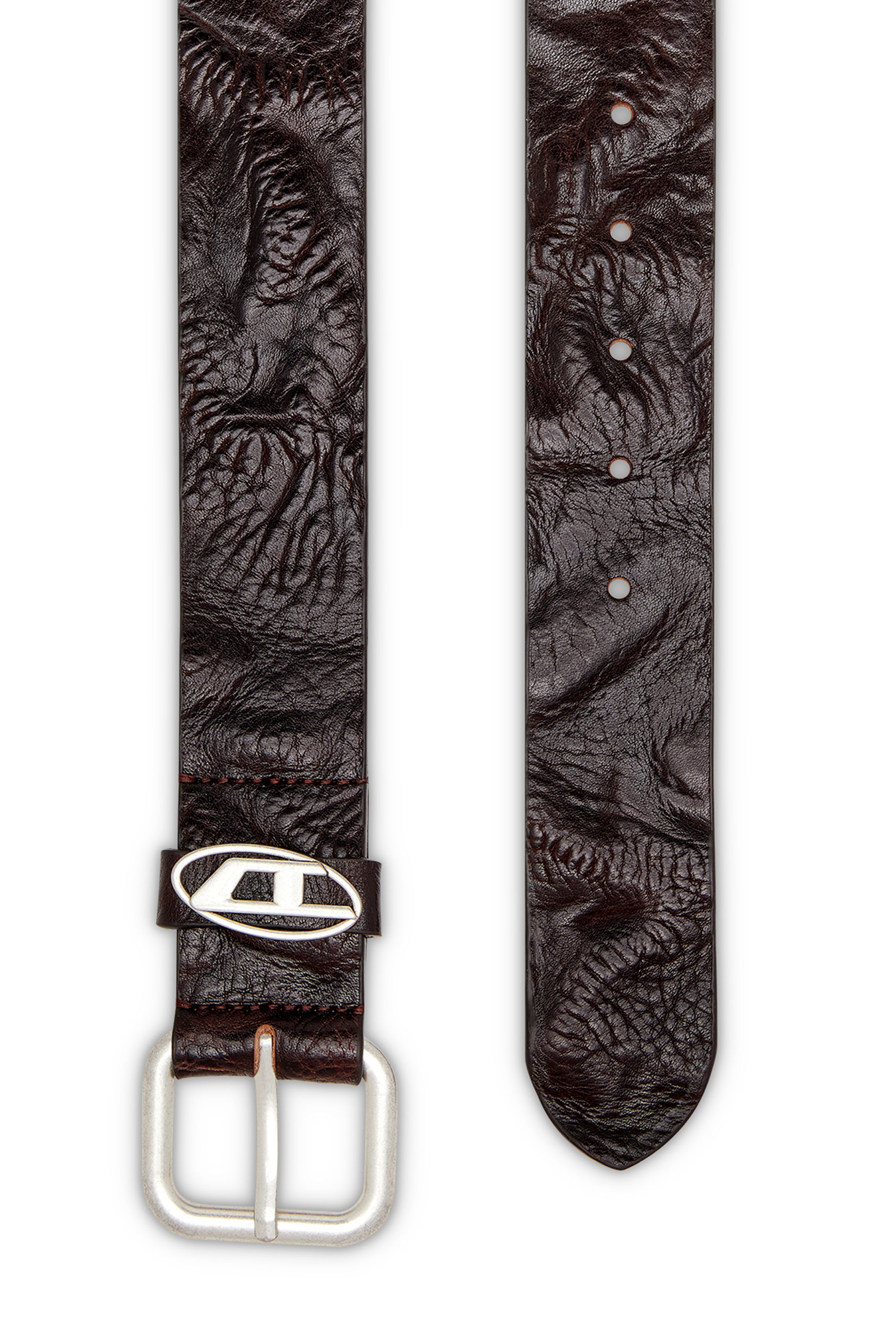 Diesel - B-1DR OVAL D LOOP, Unisex Logo-plaque wrinkled leather belt in Dunkelbraun - 2