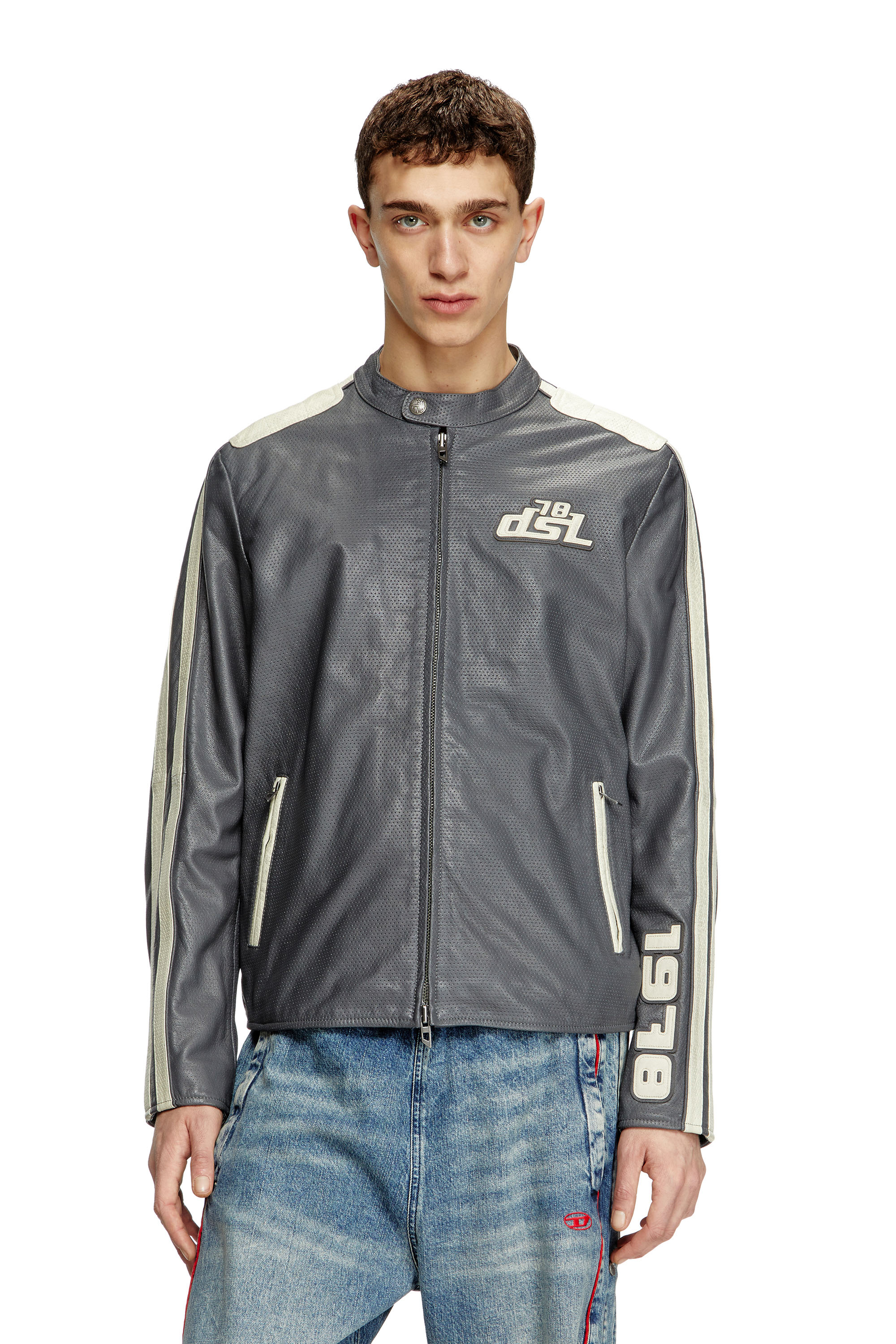 Diesel - L-POP, Unisex Bikerjacke aus perforiertem Leder in Grau - 1