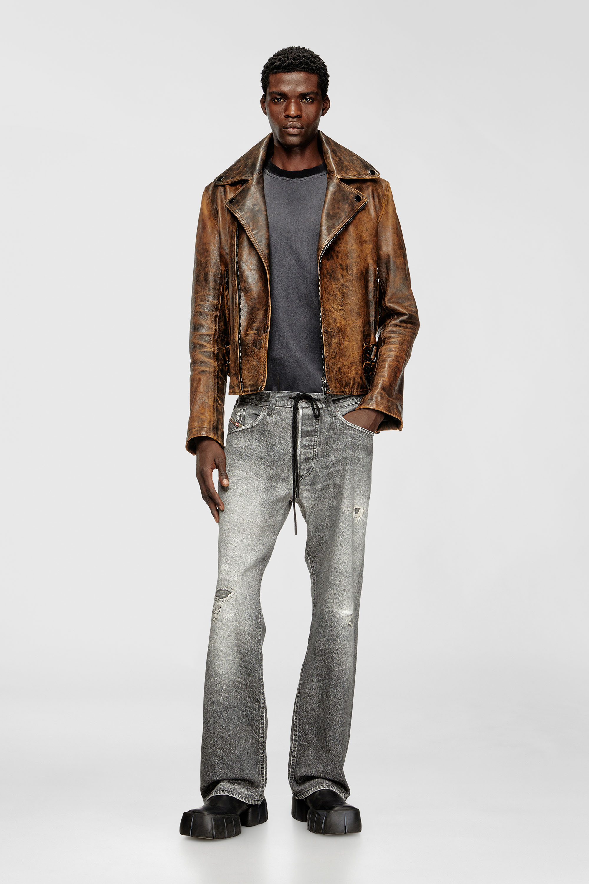 Diesel - L-EON, Herren Bikerjacke aus behandeltem Leder in Braun - 1