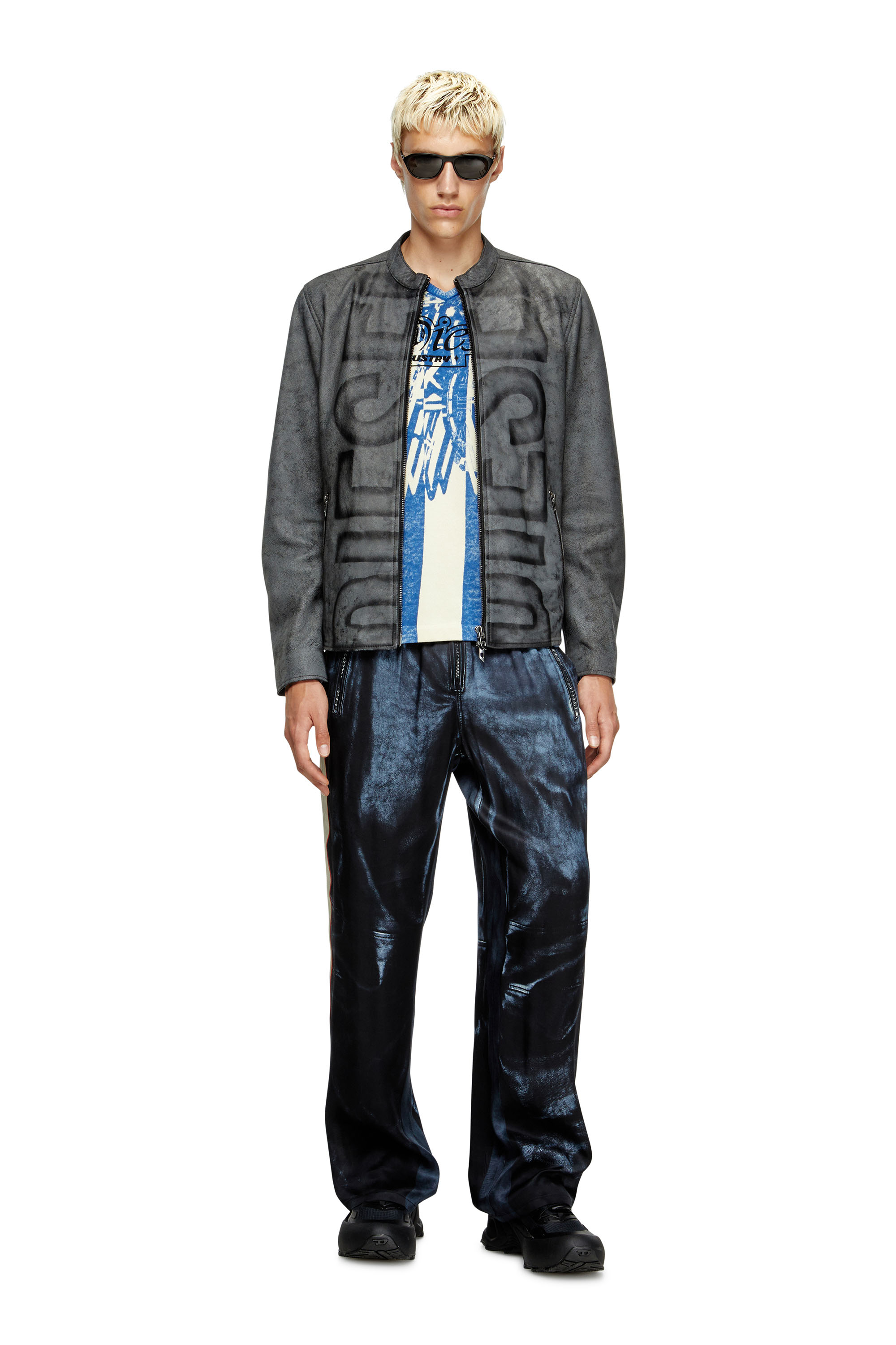 Diesel - L-EVERT-A, Herren Behandelte Bikerjacke aus Leder mit verblasstem Logo in Grau - 2
