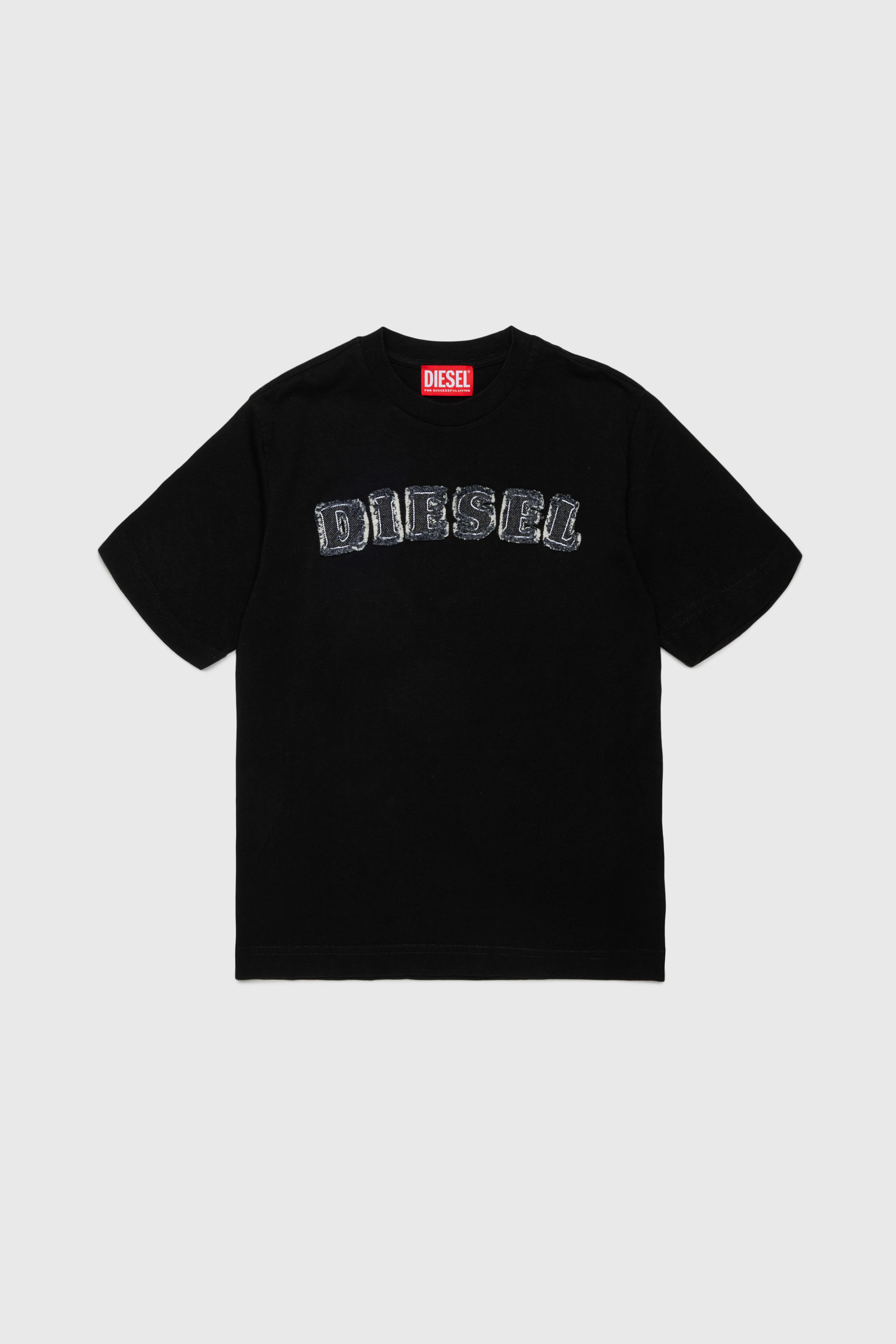 Diesel - TJEANS OVER, Herren Baumwoll-T-Shirt mit Logo im Fransen-Look in Schwarz - 1